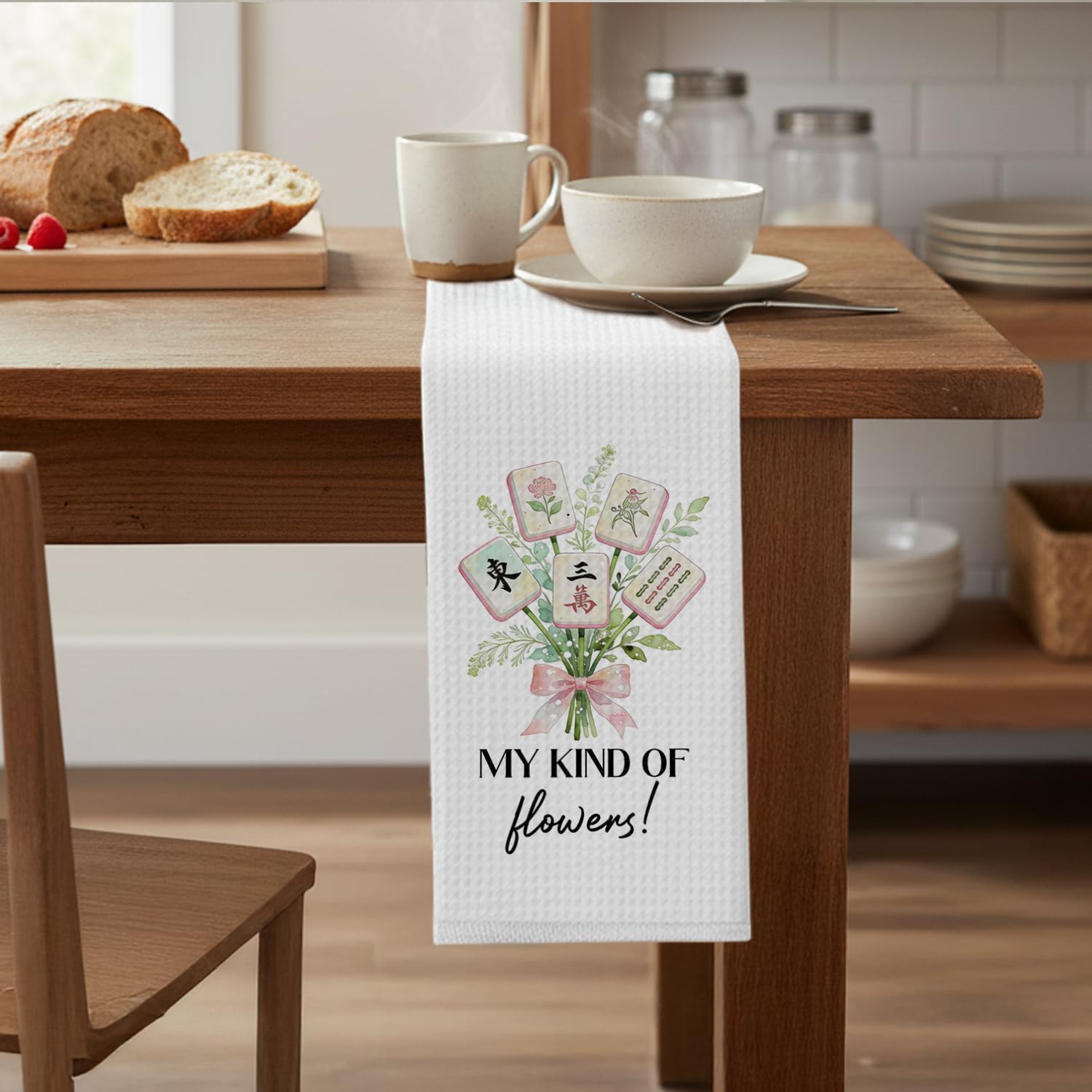 Floral Mahjong Kitchen Towels, Gifts for Mahjong Lovers Players Dish Tea Towels, My Kind of Flowers Mah Jong Decorative Hand Towels for Kitchen Bathroom, 16x24 Inch