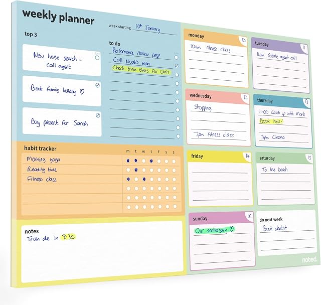 A4 Weekly Planner Pad  52 sheet undated desk organiser by Noted  for work, fitness, student revision and meal planning  colourful 100gsm paper