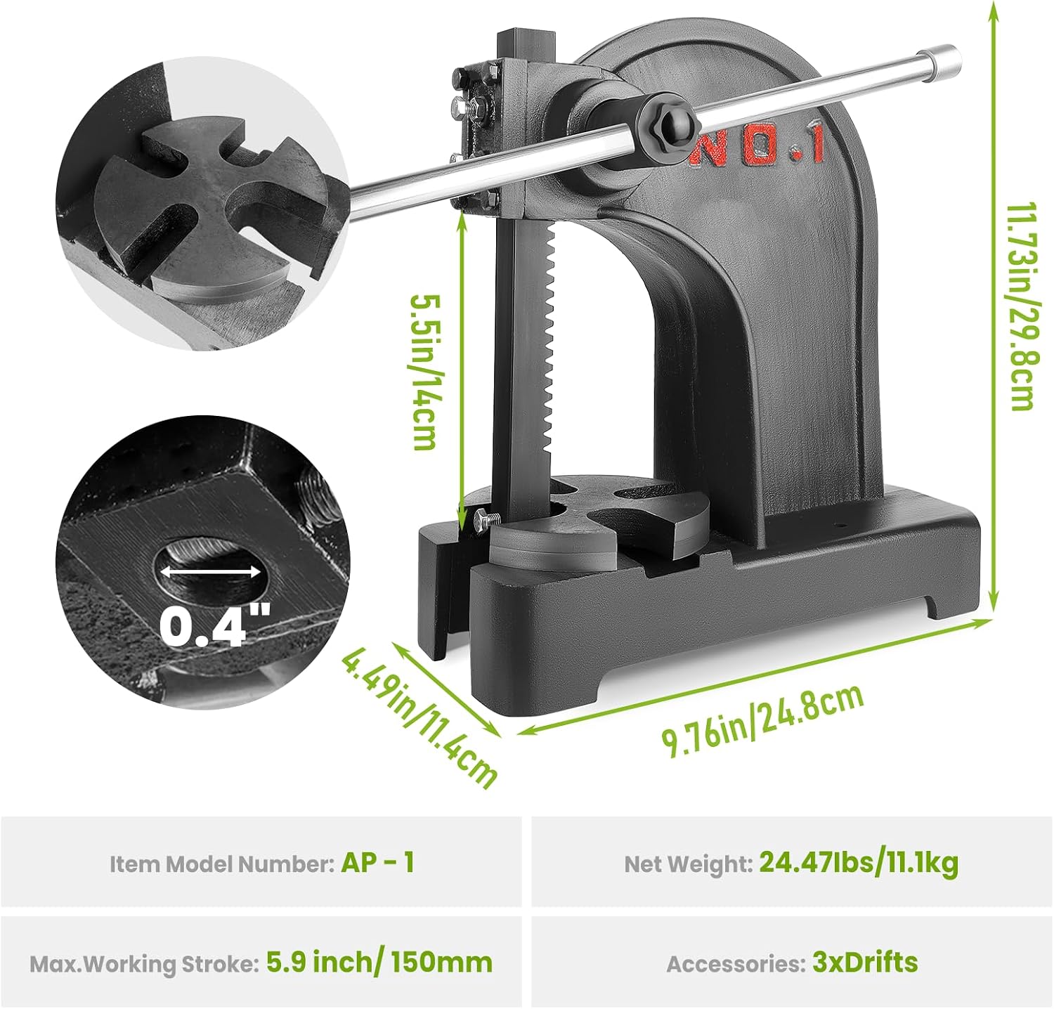 1 Ton Arbor Press, Black Manual Arbor Presses Cast Iron Body, 5.5"Max Height Manual Desktop Arbor Press Punching & Engraving Industrial-Grade Precision Tool