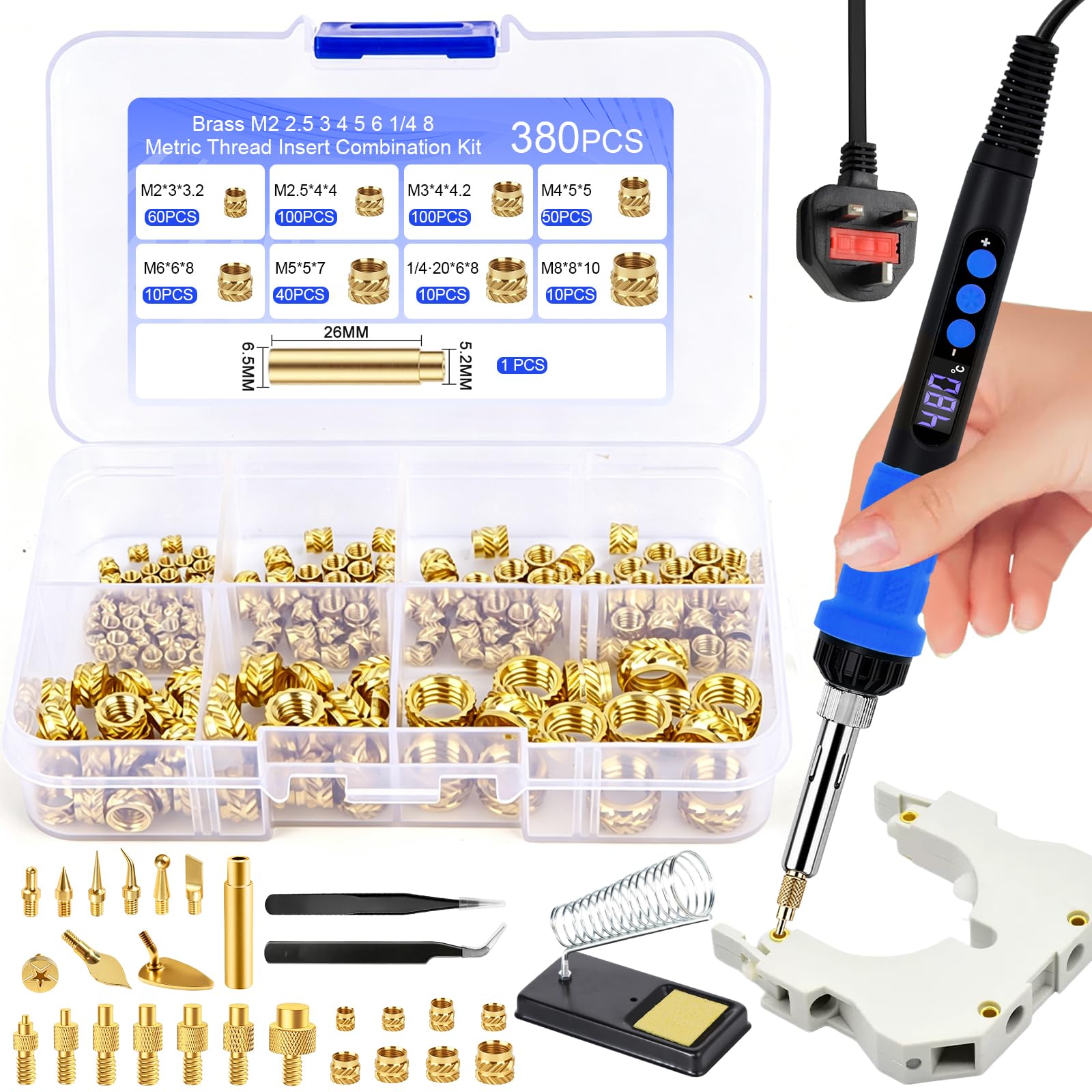 AOBOPLE Soldering Iron Tips for Threaded Inserts Set Include 90W LED Soldering Iron Kit 380PCS Threaded Inserts, 8PCS Soldering Tips for Threaded Inserts, 9PCS Pyrography Burning Tips