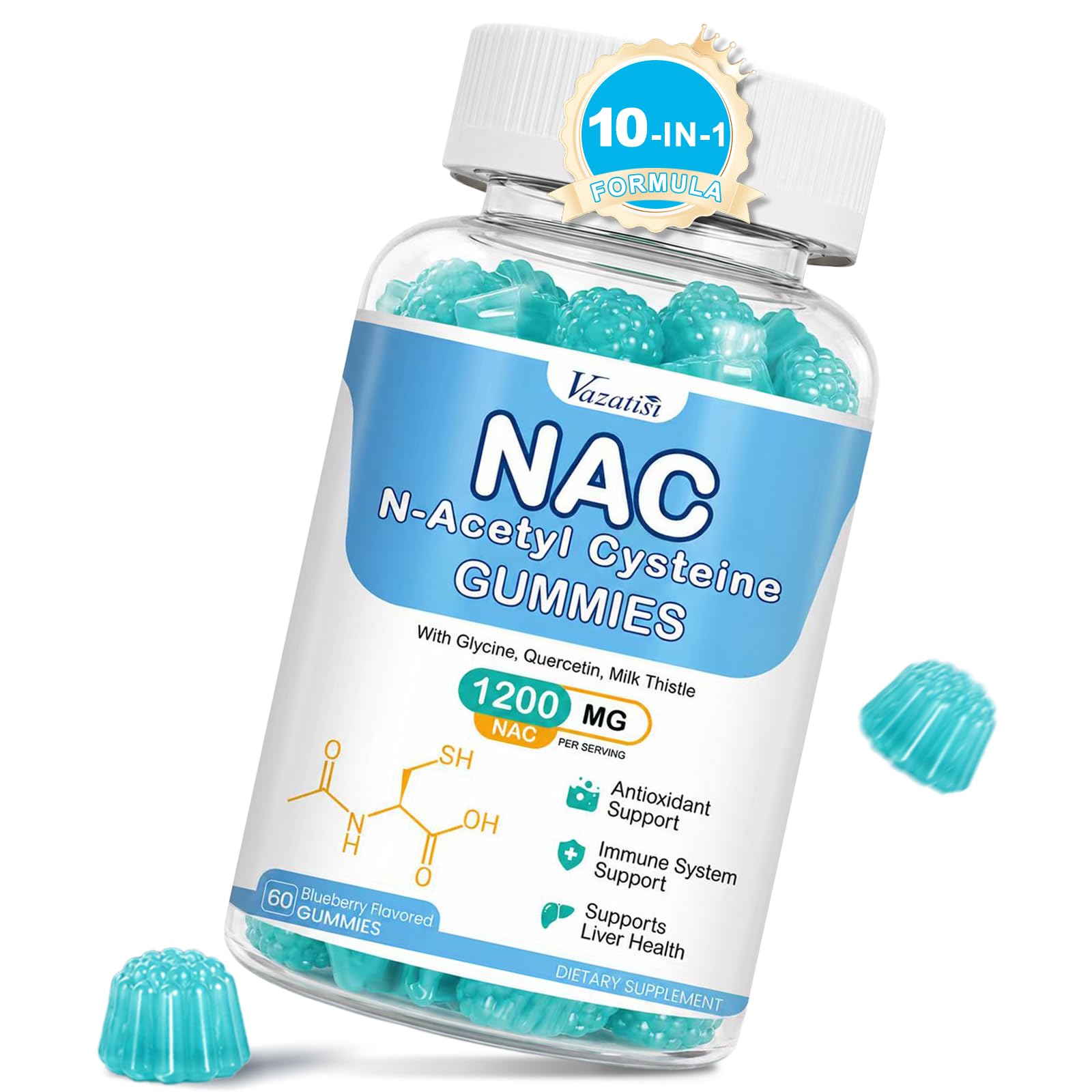 NAC Gummies, NAC Supplement with Milk Thistle, Selenium, B6, B12 - Antioxidant, Immune Support - N Acetyl Cysteine 600 mg per Gummy - Blueberry Flavored, 60 Cts 60 Count (Pack of 1)