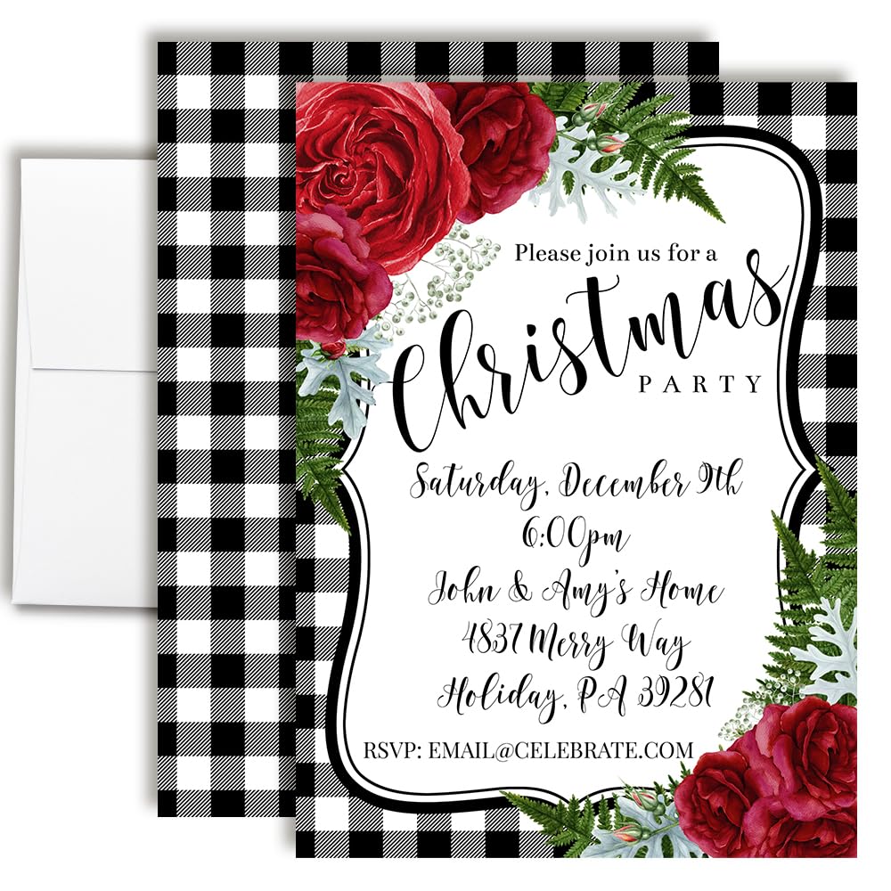 Personalized Watercolor Red Floral With Greenery Christmas Invitations Custom Holiday Invite Cards 20 Pack 5x7 Dinner Party Cards With Envelopes -
