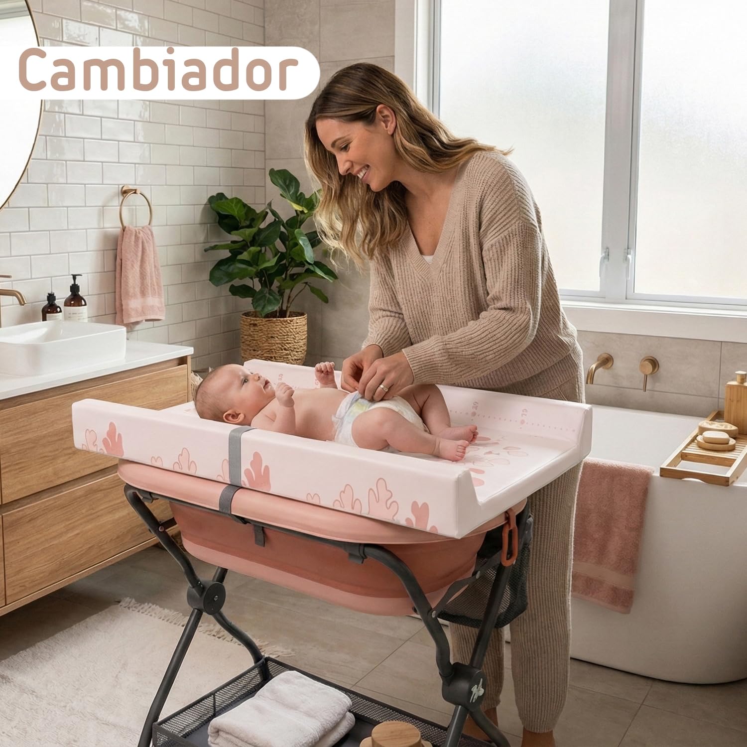 Twinly Bubbly – Bañera Cambiador Plegable para Bebé 2 en 1 – Altura Regulable Ergonómica, Bañera Extraíble para Playa y Viajes, Soporte Estable con Desagüe, Ideal para Baños Pequeños (Rosa) — view 2