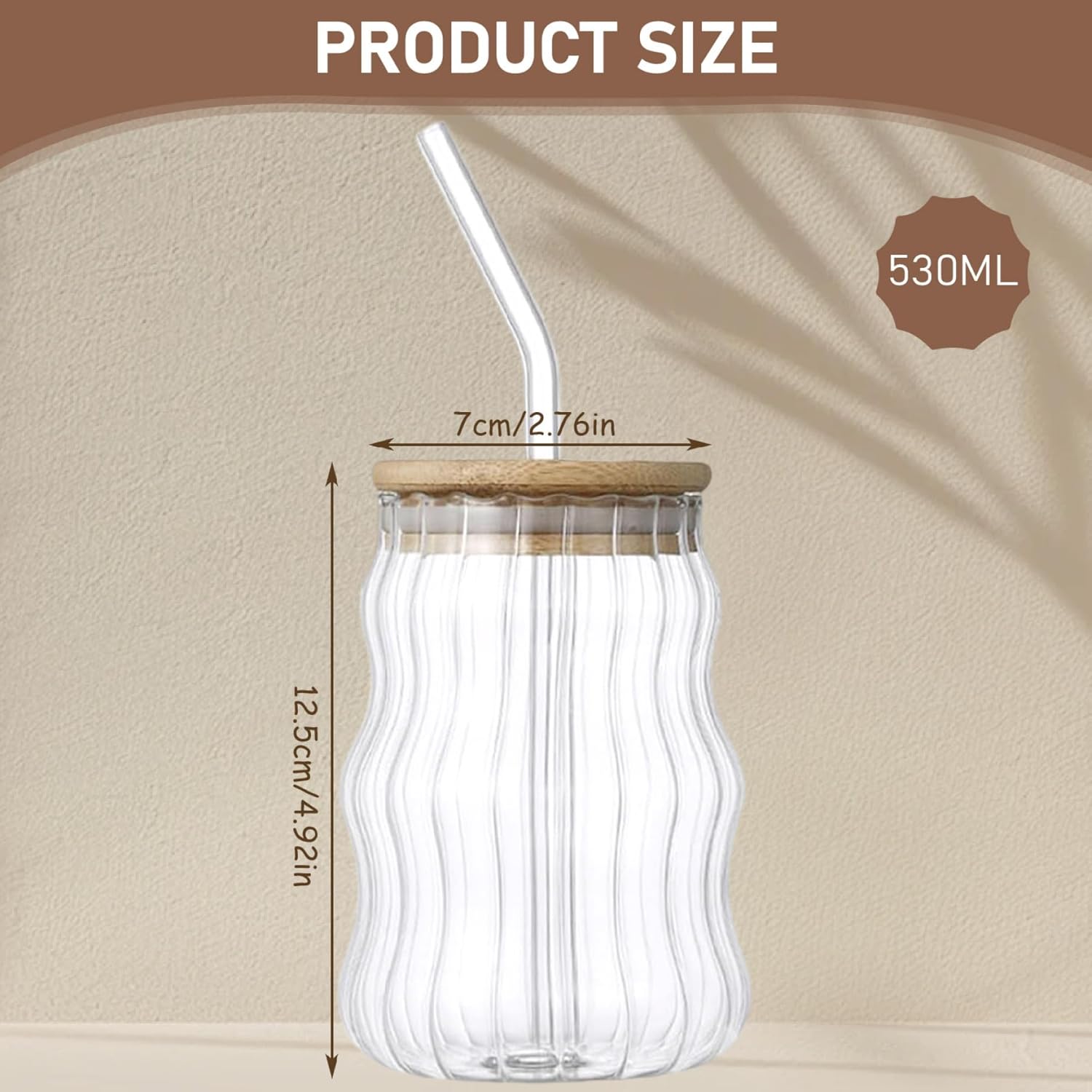 Iced Coffee Cup, 530ml Ripple Shaped Glass Cups with Lids and Straws, Heat-resistant Glass Coffee Cup for Beverage Juice, Whiskey, Soda, Milk, Tea