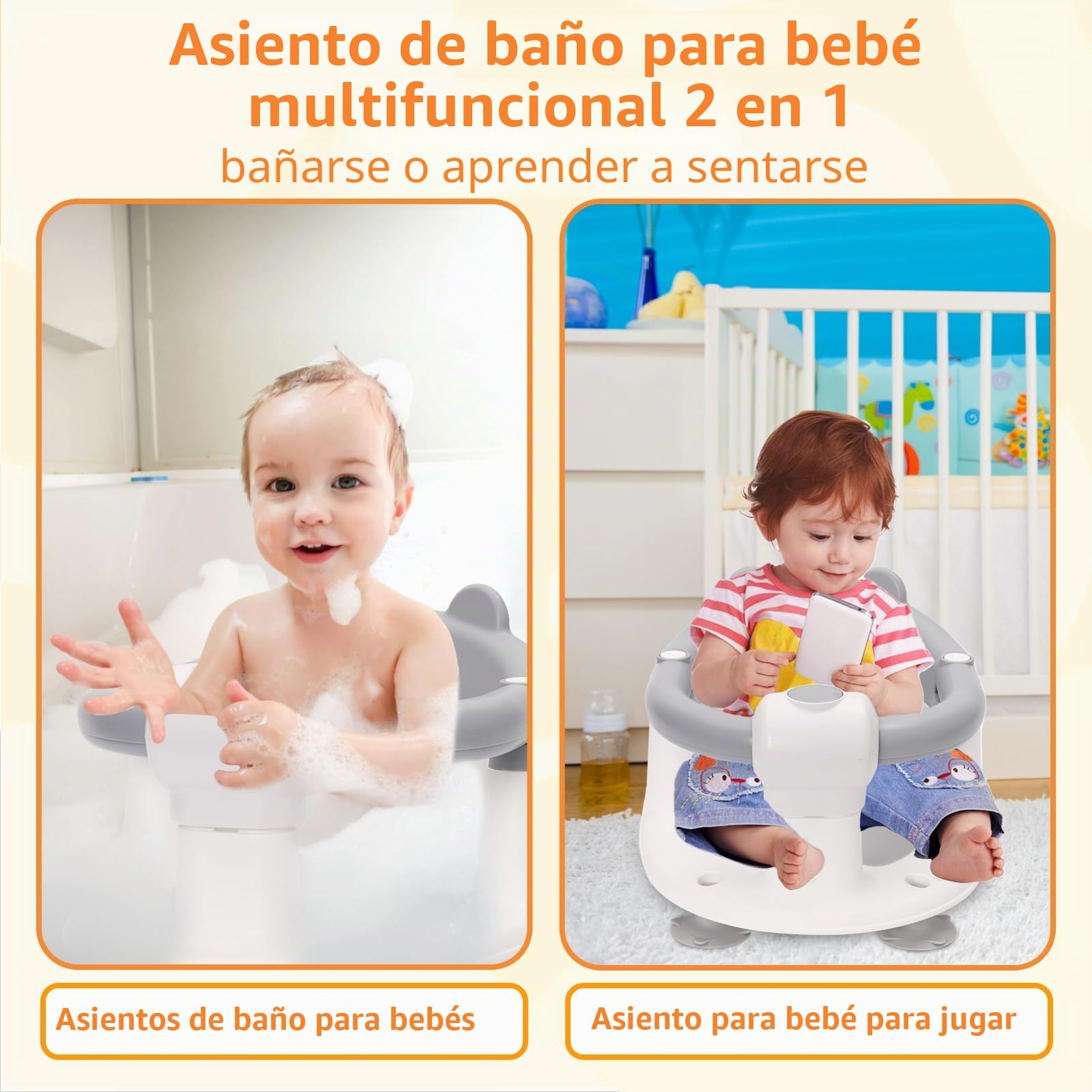Asiento de Baño para Bebé 6-24 Meses, Silla Baño Bebe con 4 Fuertes Ventosas, Respaldo Ergonómico, Barra de seguridad, Antideslizante y Cómoda, Regalo para Recién Nacidos y Nuevas Madres(Gris)