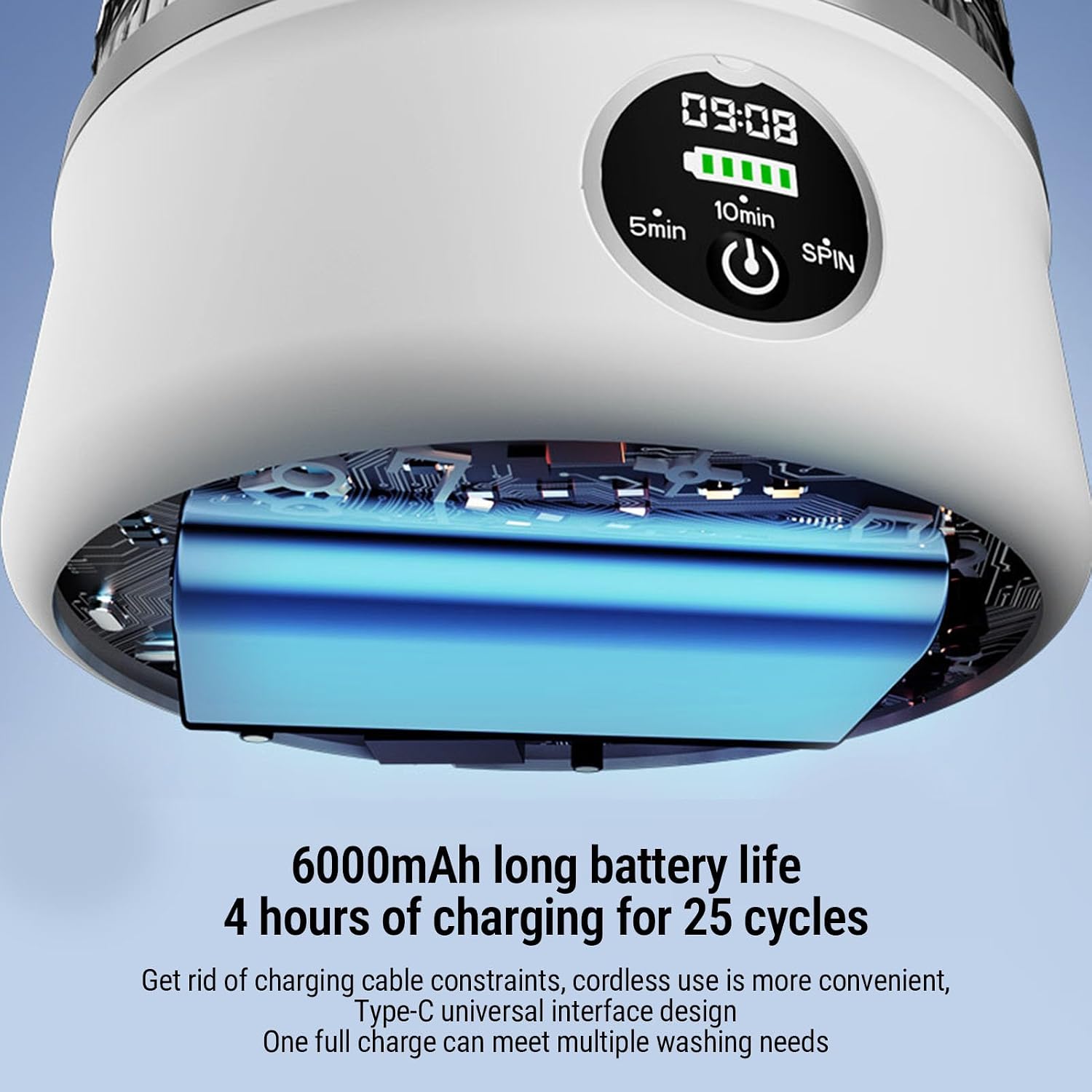 Portable Washing Machine, Rechargeable Cordless Compact Washer with 6000mAh Battery, Spin Dry, Auto Drain for Underwear, Socks, Baby Clothes, Apartment, Dorm, Travel