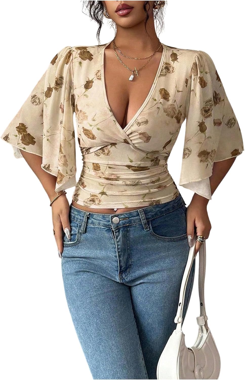 SHENHE Women's Floral Boho Crop Top Flutter Sleeve Summer Dressy Shirt