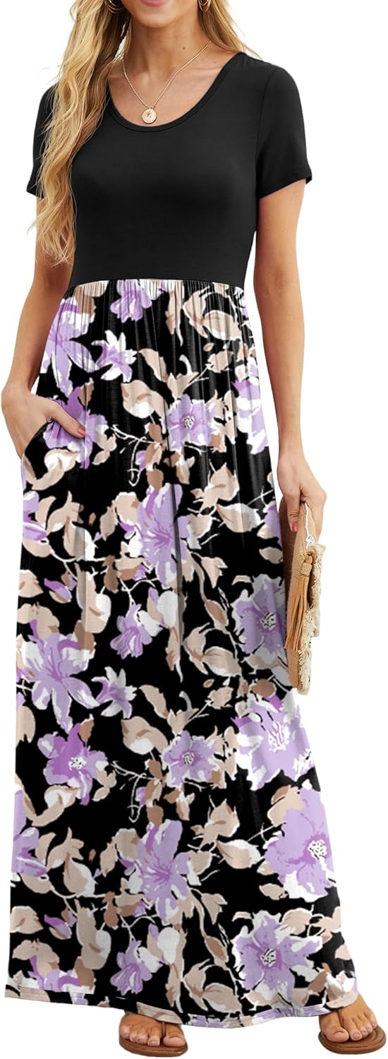 GRECERELLE Women Summer Casual Maxi Long Dress Short Sleeve Crew Neck with Pockets, Size S-3XL