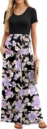 GRECERELLE Women Summer Casual Maxi Long Dress Short Sleeve Crew Neck with Pockets, Size S-3XL