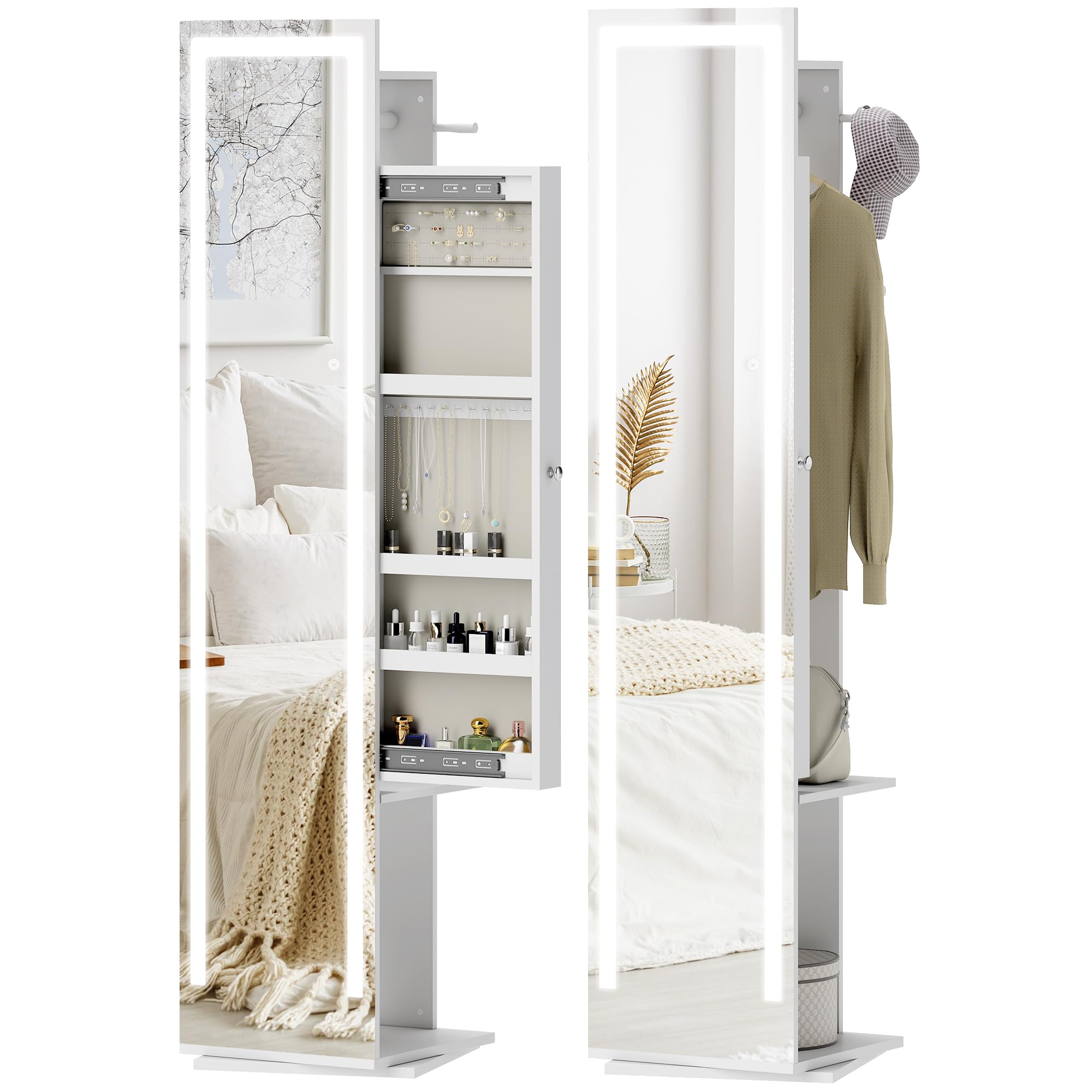 HOMCOM Espejo Joyero con Luces LED, Armario Joyero con Espejo de Cuerpo Entero sin Marco, Armario para Joyas Giratorio 360° con Estantes Abiertos, Perchero y Barras para Colgar, Blanco y Forro Beige