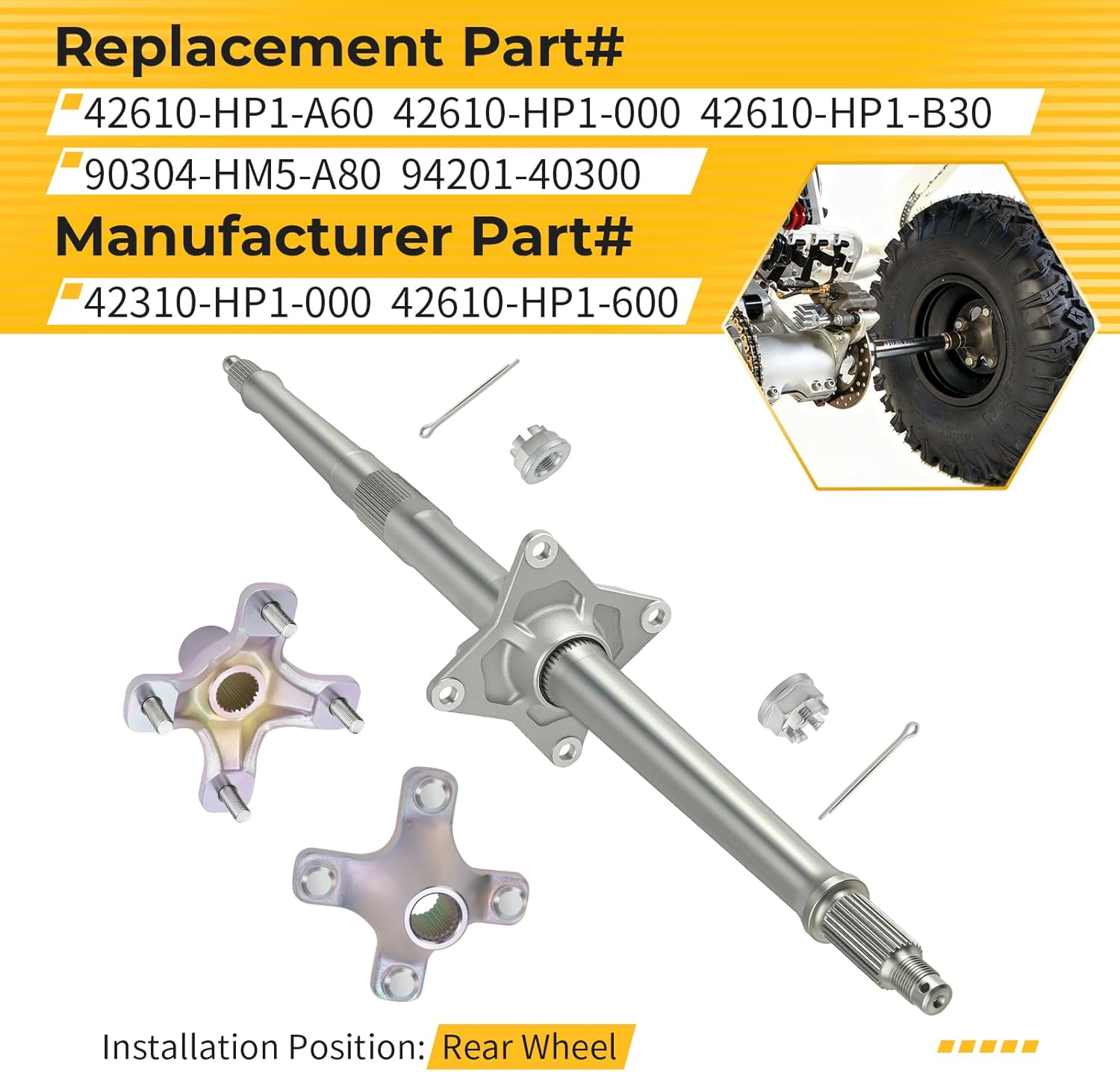 M MATI Rear Wheel Axle Shaft & Hubs for Honda TRX450R 2004-2009 TRX450ER 2006-2014 42310-HP1-000 42610-HP1-600 90304-HM5-A80 94201-40300