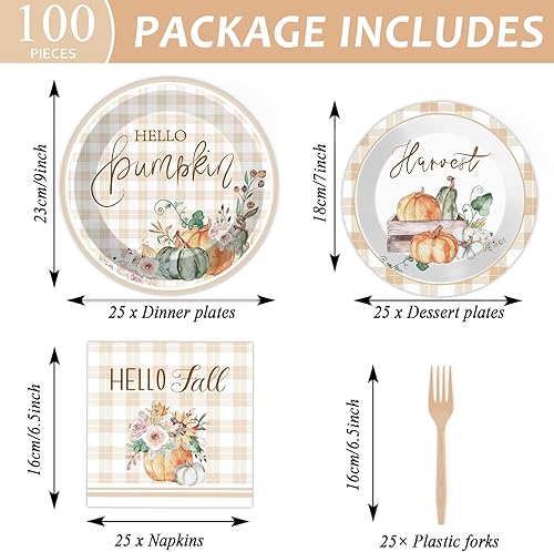 Miniatura 2 de 100 piezas de suministros para fiesta de Acción de Gracias, platos de calabazas de otoño en acuarela, servilletas a cuadros, juego de vajilla de