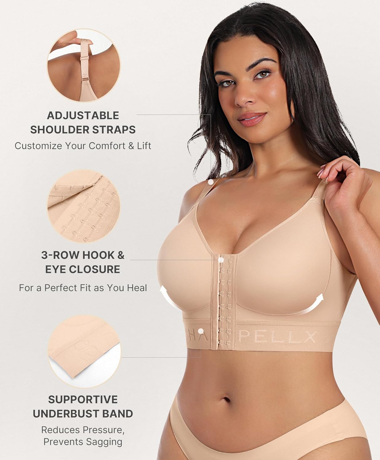 SHAPELLX Post Surgery Bras for Womem Front Closure Mastectomy Bras Wireless Compression Bra with Adjustable Straps