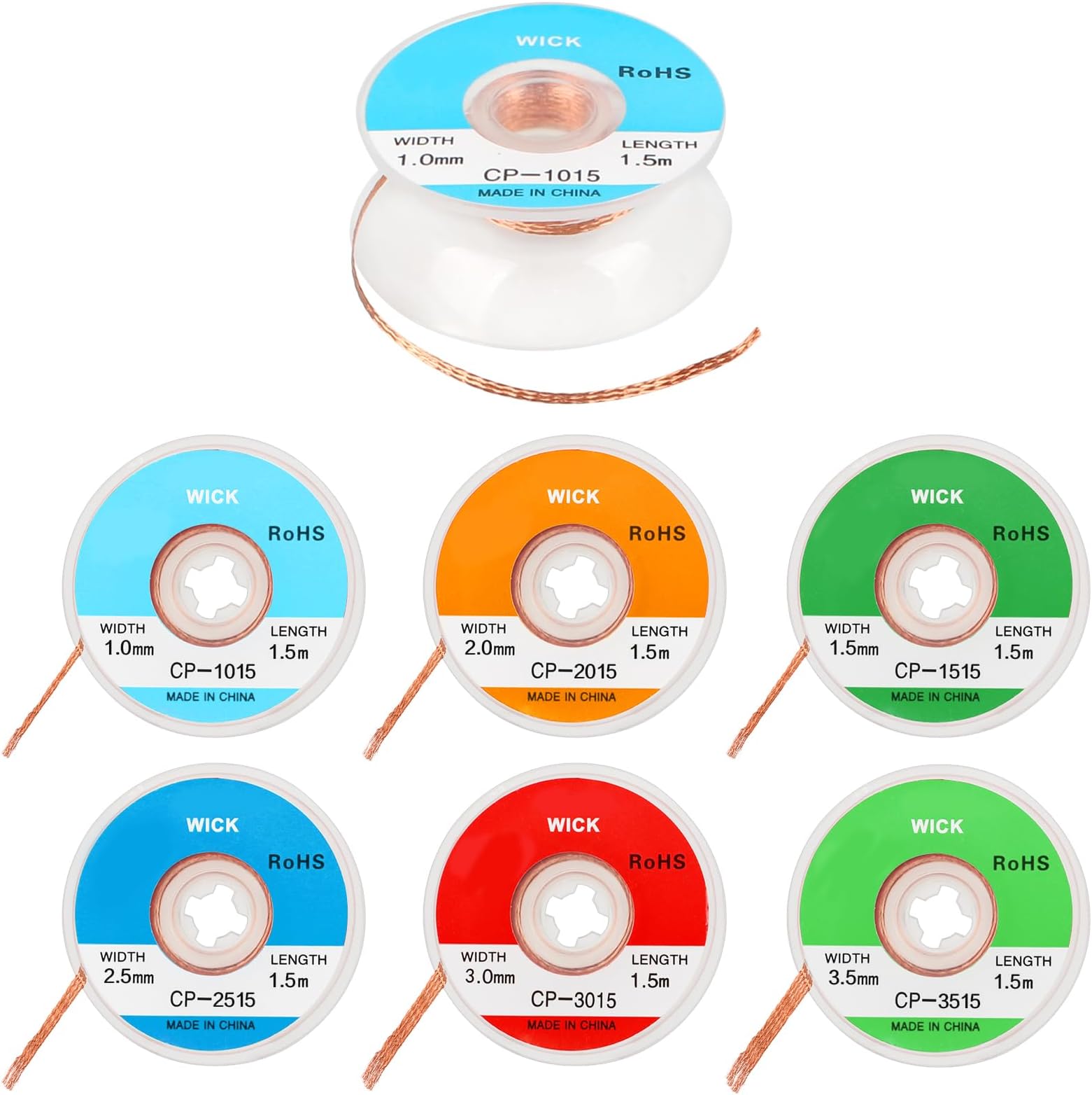 7 PCS Desoldering Wire, Solder Braid Wire Desoldering Wick Desoldering Wick Solder Braid Wire Low Residue No-Clean Solder Tin Remover Tool, 1.0/1.5/2.0/2.5/3.0/3.5 mm
