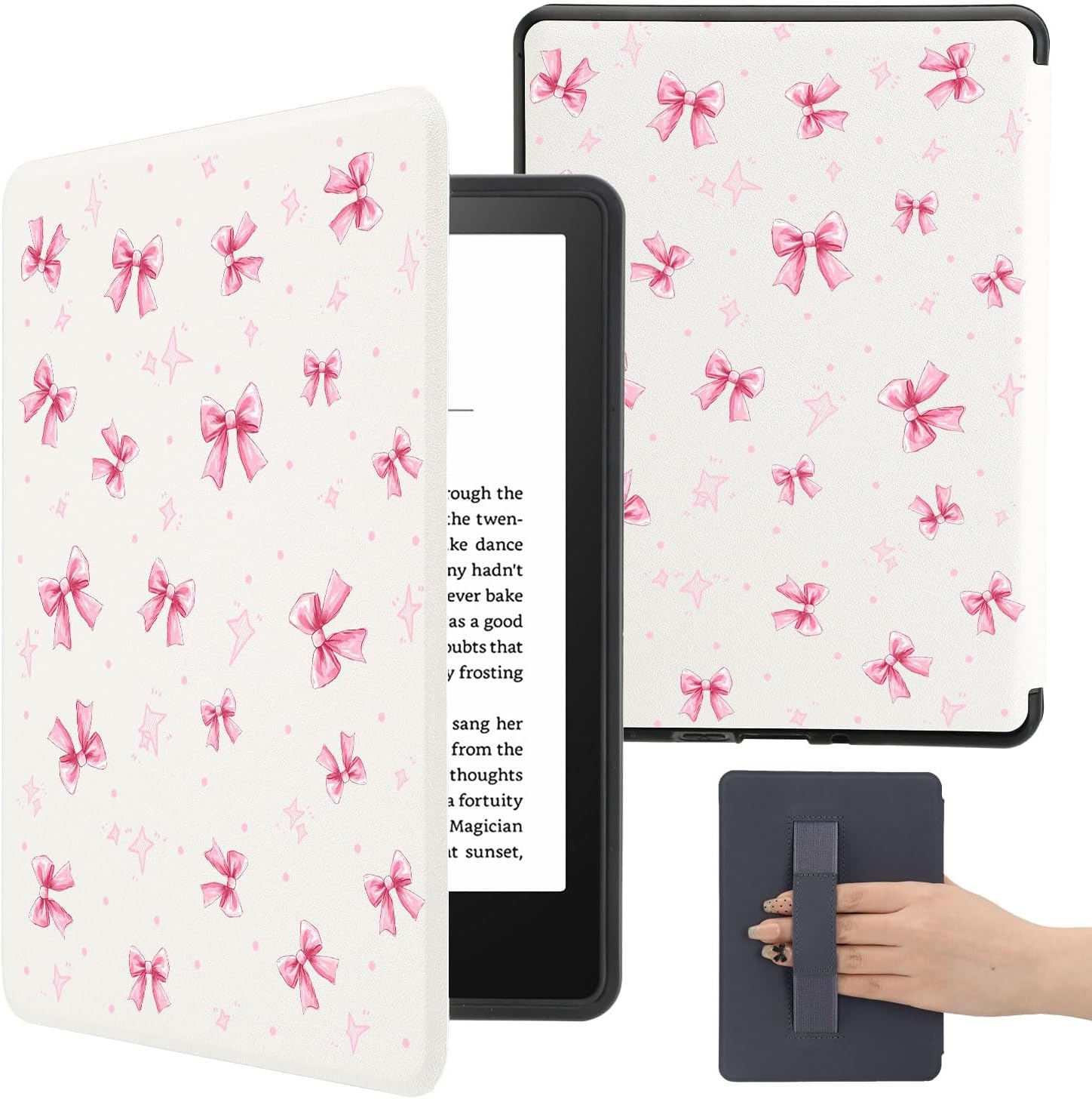 Cute Pink Bows Ribbon Case for 7" Kindle Paperwhite (12th Gen, 2024) & Kindle Colorsoft Cover with Hand Strap Soft PU Leather Case Compatible with Kindle Basic Auto Sleep&Wake