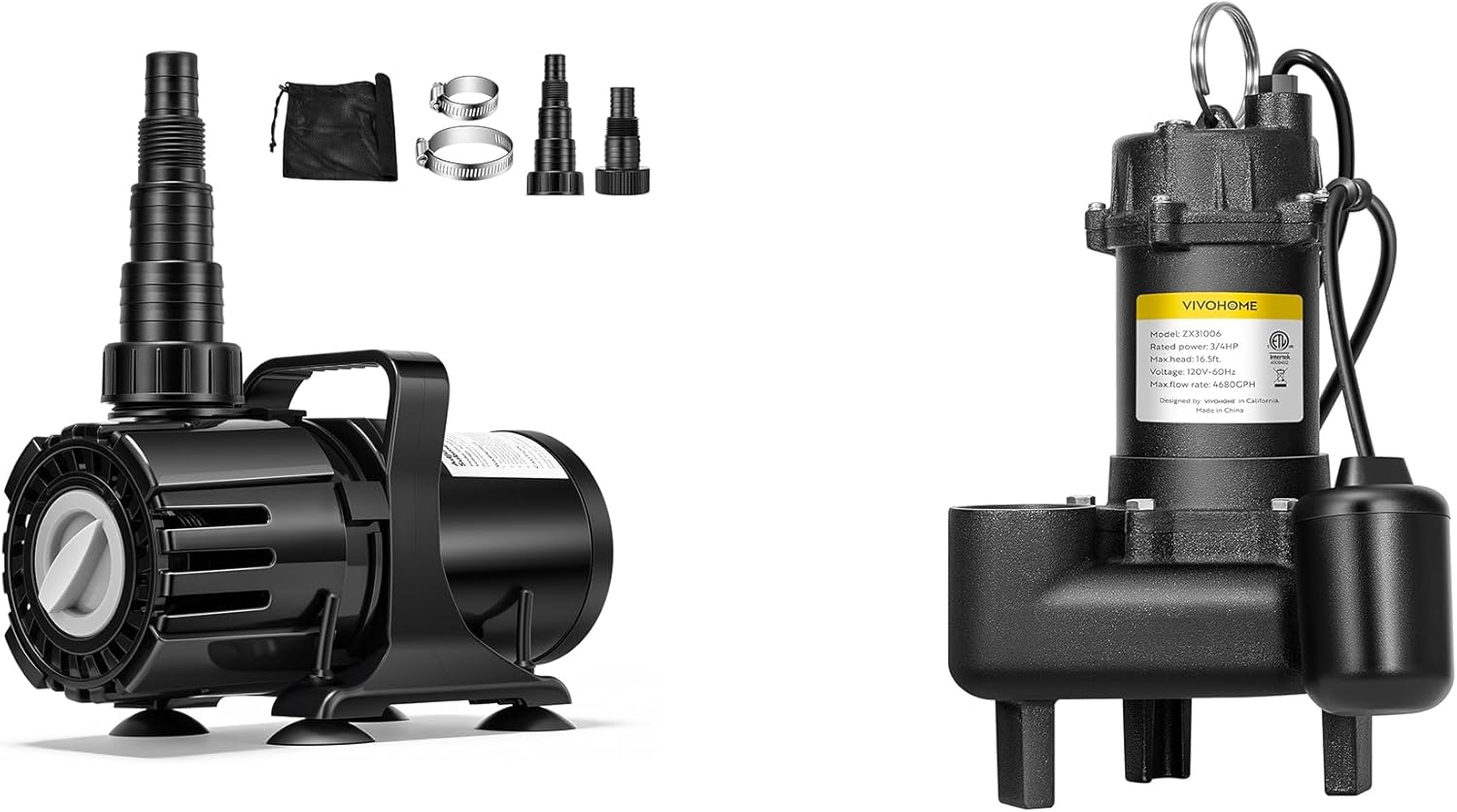 VIVOHOME 150W Adjustable Flow Submersible Water Pump, 900-2400GPH, 18ft Max Lift, 180° Seamless Adjustable Nozzle and Barrier Pump Bag, and VIVOHOME 3/4 HP Submersible Sewage/Effluent Pump, 4680 GPH