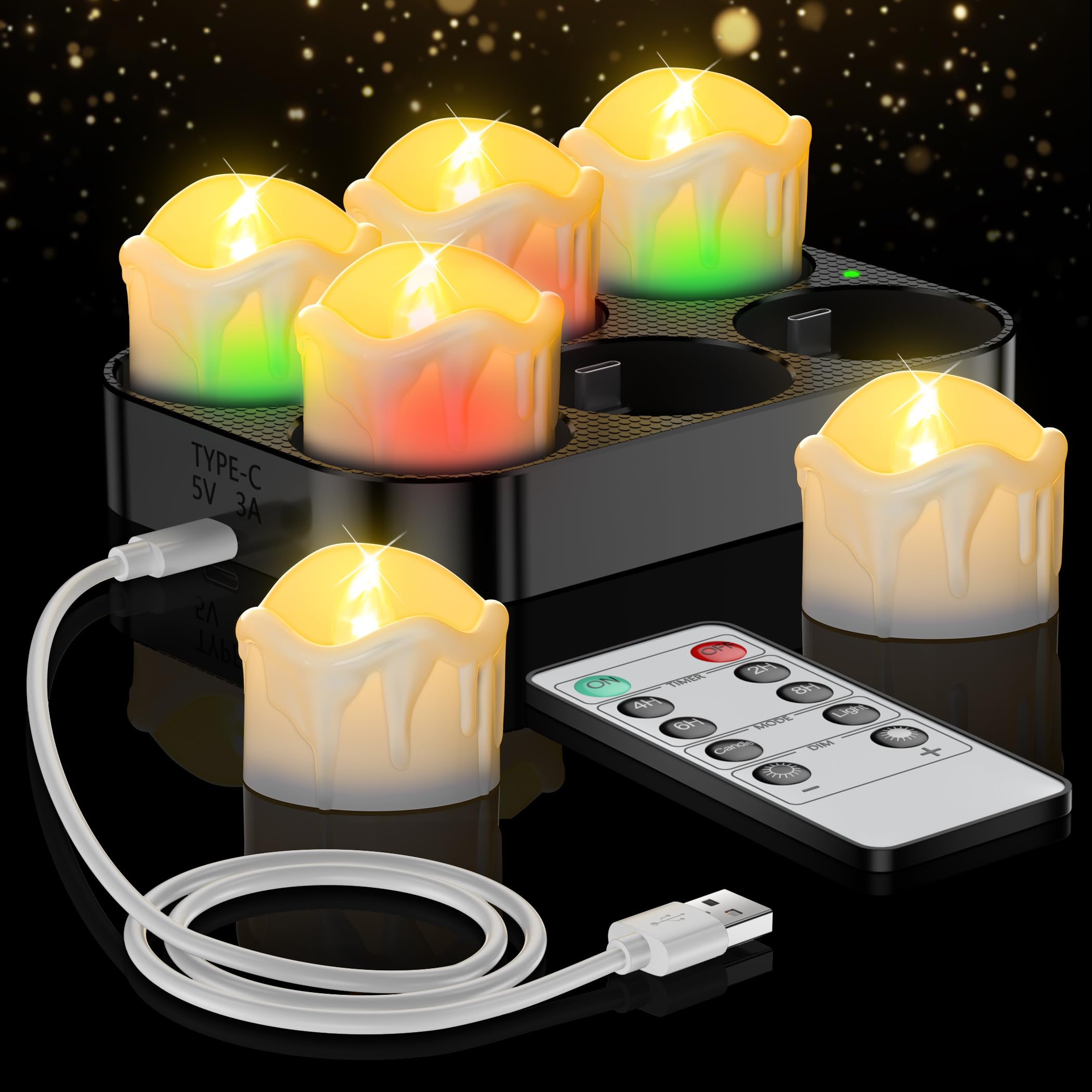 daphomeu 6er Set Aufladbare LED Teelichter mit Fernbedienung und Timer - Flackernde Elektrische Kerzen inkl. Ladestation für Zimmer, Party, Tischdeko, Weihnachtsdekoration