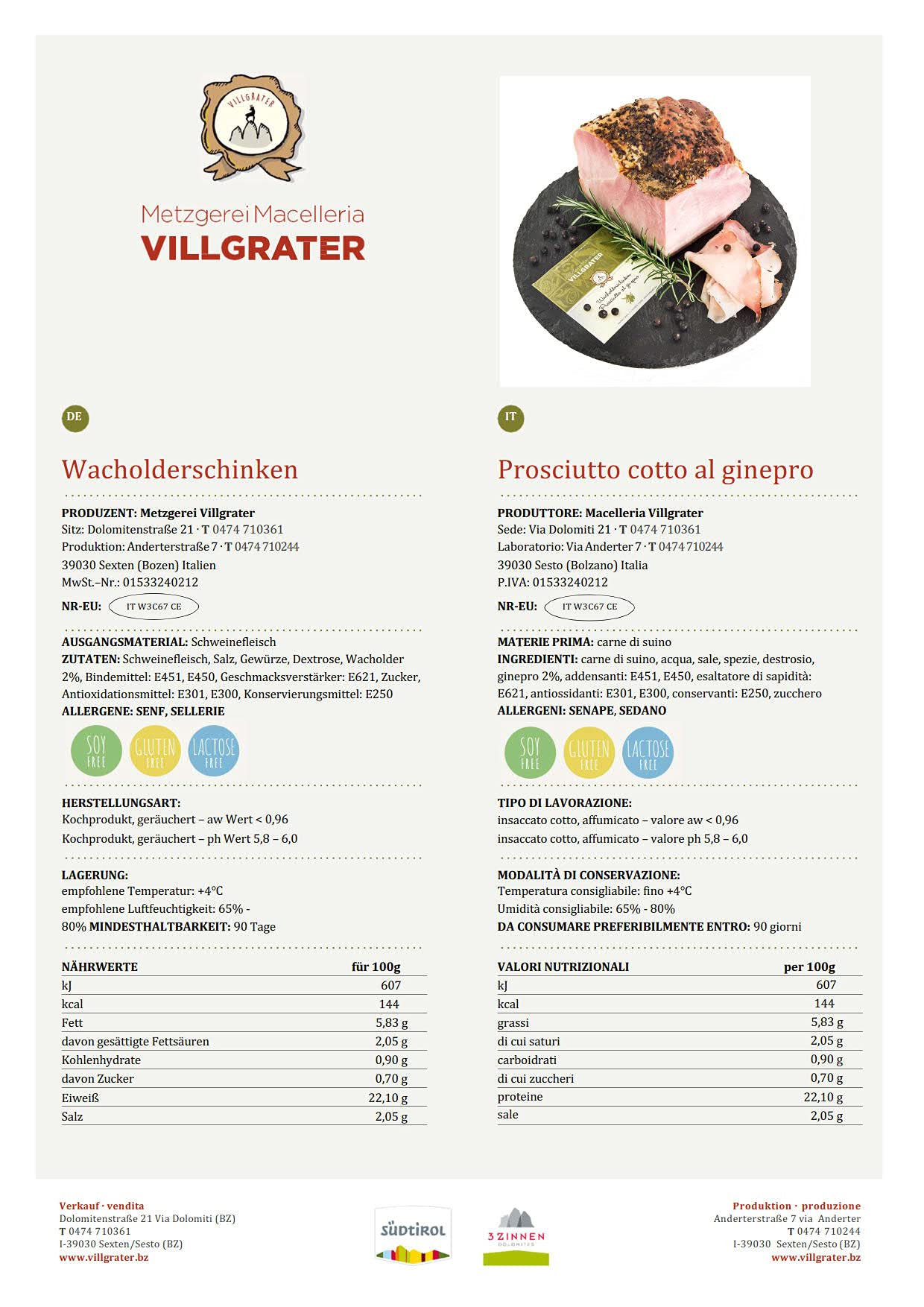 Prosciutto Cotto al Ginepro Villgrater 1/4 ca. 2 kg