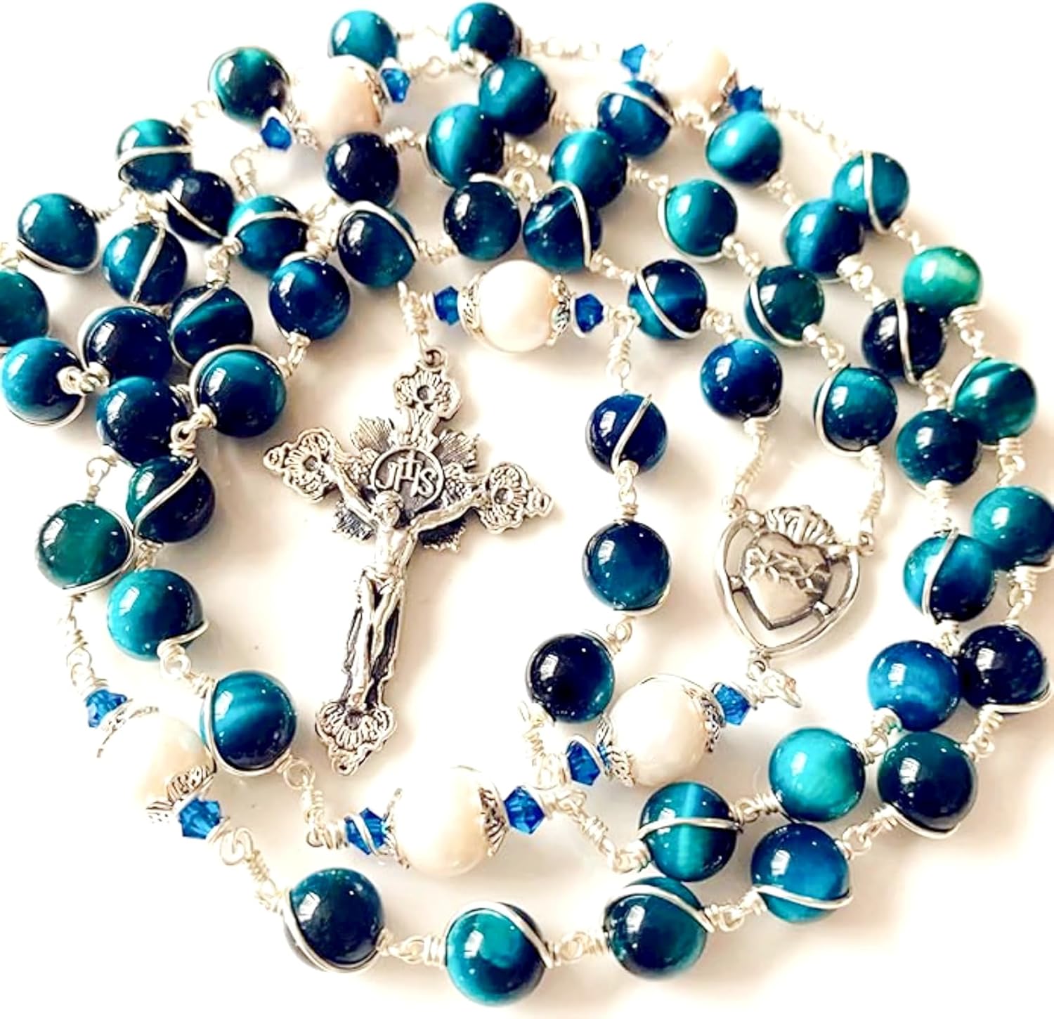 elegantmedical HANDMADE Sterling Silver Wire Wrapped Blue Tiger Eye Beads & Real Pearl Rosary Cross Necklace Catholic GIFTS