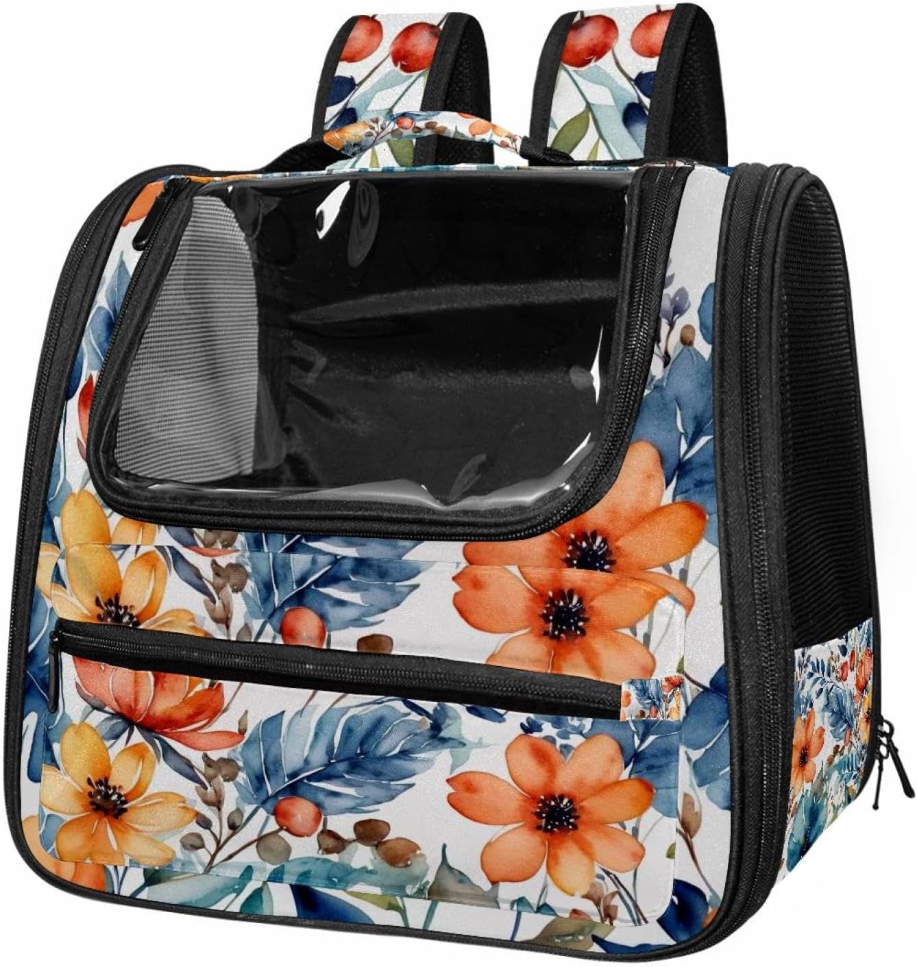 Portable Travel pet Backpack Carrier Hamster Bag Small Dog cat Carrier Breathable Hang Bag, Flowers and Green Leaves