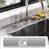 24 Inch Silicone Faucet Mat for Kitchen Sink Splash Guard - 7° Slope Water Draining Mat With Fasten Button for Bathroom Area (Gray, 24''x5.5'')