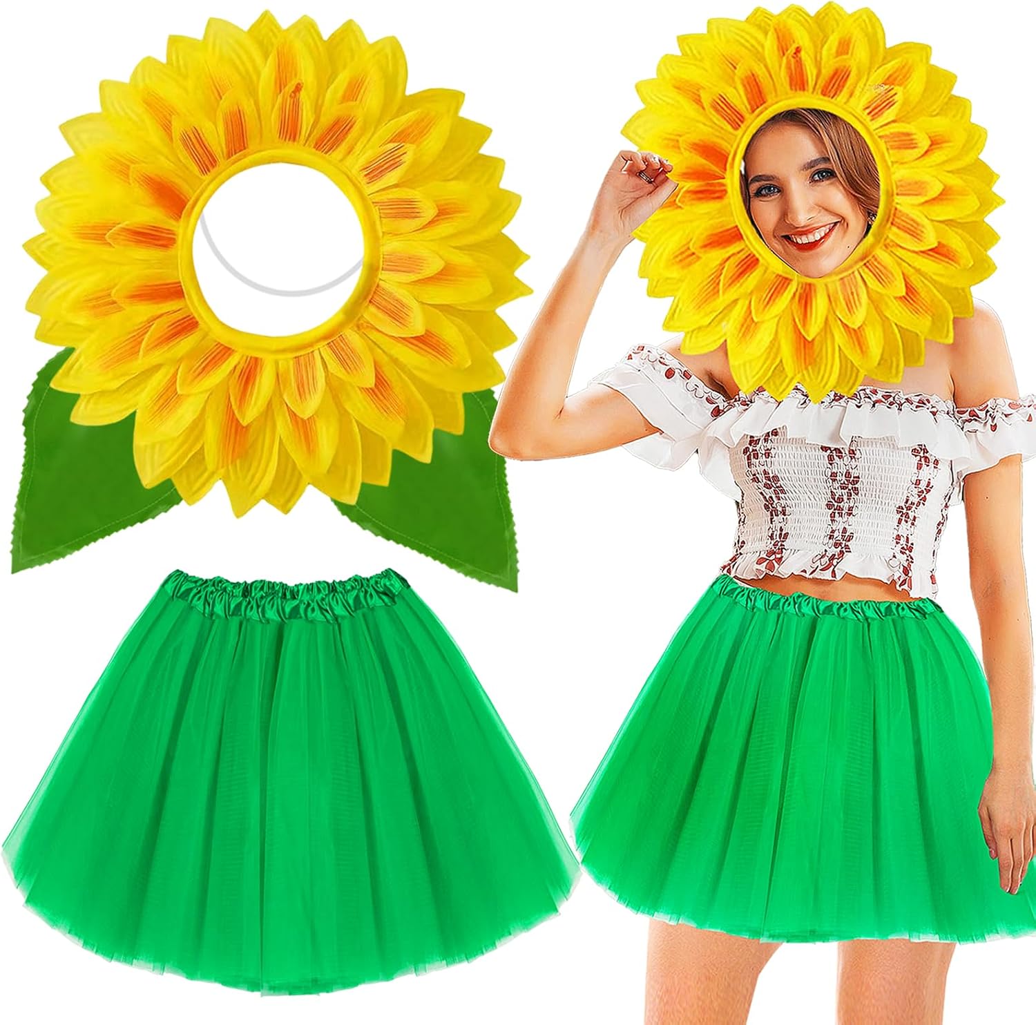 Funny Sunflower Costume Set Adult Yellow Flower Headgear Green Tutu Skirt Leaf Gloves Costume Accessories for Halloween Dess-Up