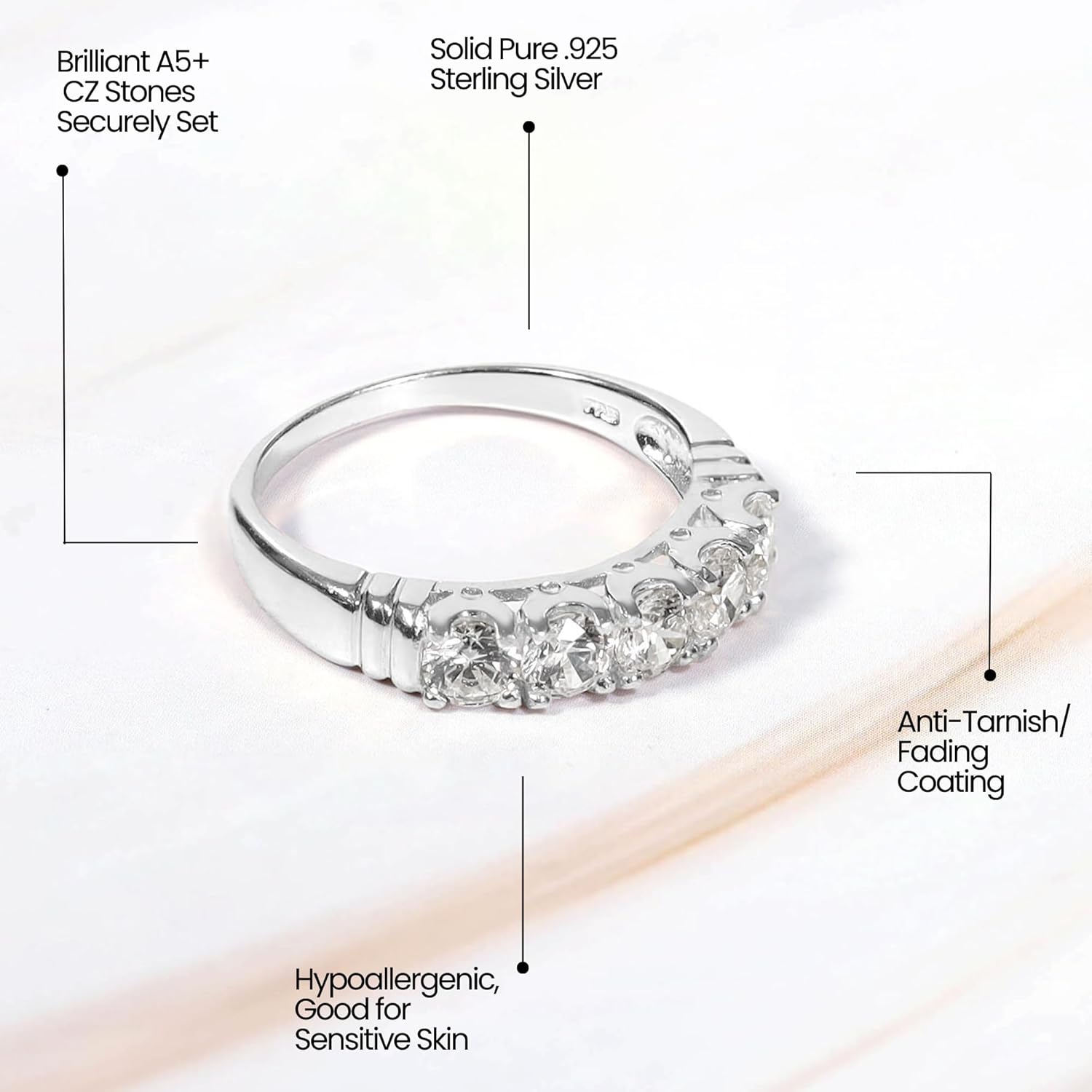 Hoops & Loops 925 Sterling Silver 5-Stone 4mm AAA+ Cubic Zirconia Stones 1.25ct Eternity Wedding Bridal Ring for Women, Silver and Yellow Gold