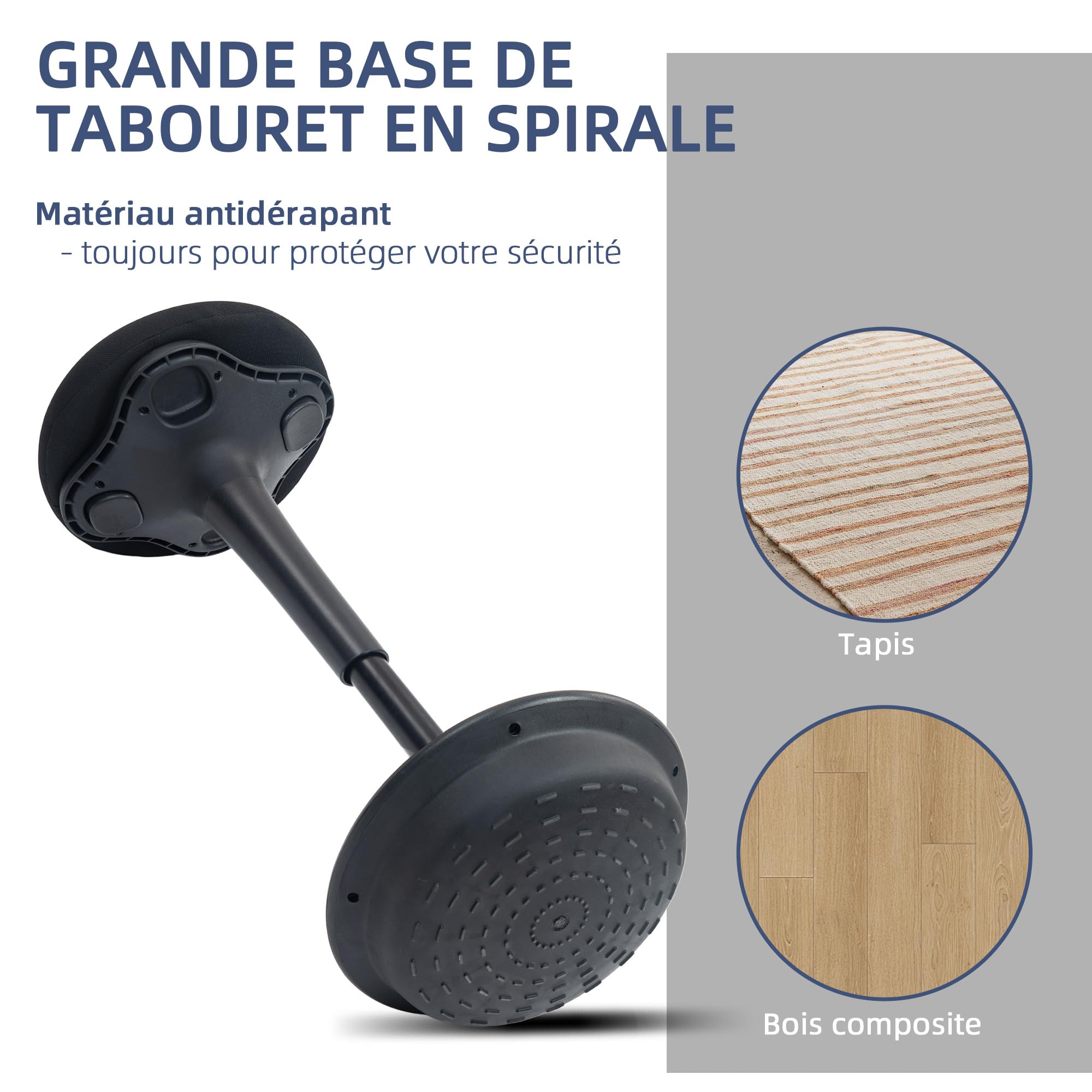 HOMCOM Tabouret de Bureau Debout, Tabouret Ergonomique, réglable en Hauteur 70-90 cm, Large Socle, siège Bascule à 360°, avec Coussin rembourré et Patins antidérapants, Noir