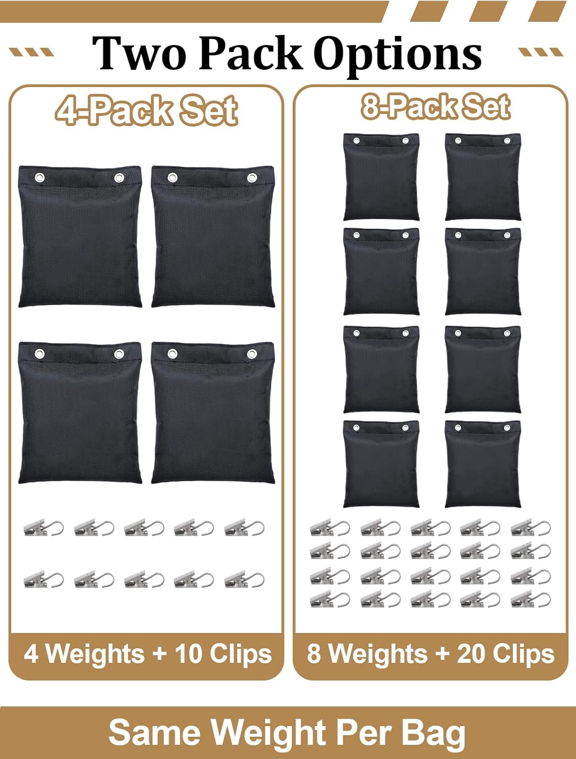 Apipi Pre-Filled 17.6 oz Outdoor Curtain Weights- 8 Pack Wind Resistant Oxford Weight Bags with Glass Beads Filling & Stainless Steel Clips, Heavy Duty Drapery Weights for Patio/Gazebo (5" × 6")