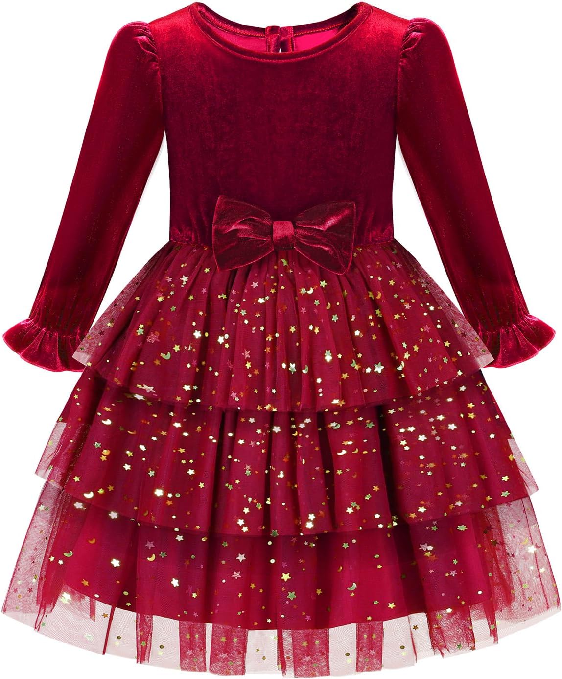 2-7Y Toddler Girls Fall Winter Velvet Tulle Tutu Dresses Long Sleeve Ruffle Holiday Christmas Princess Party Dress
