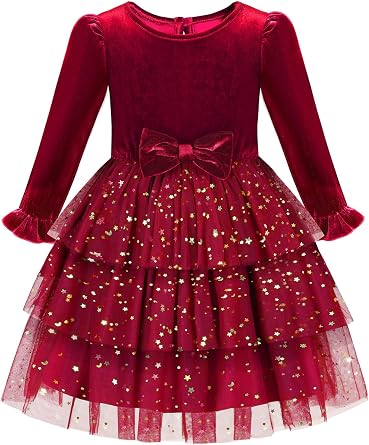 URMAGIC 2-7Y Toddler Girls Fall Winter Velvet Tulle Tutu Dresses Long Sleeve Ruffle Holiday Christmas Princess Party Dress