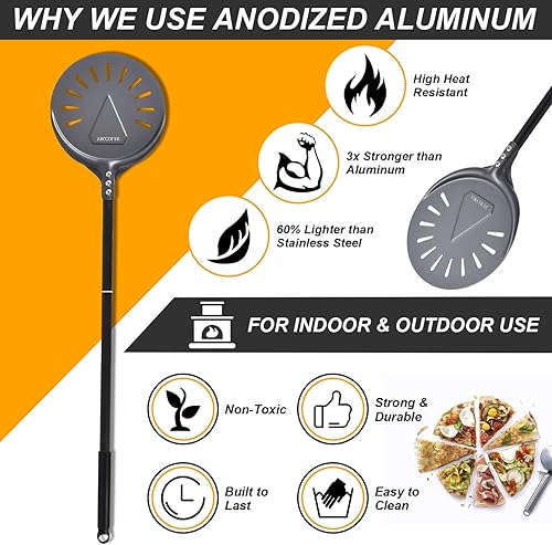 Miniatura 7 de Peladora de pizza giratoria, 8 pulgadas con mango de 25 pulgadas, espátula de pizza de torneado de aluminio anodizado profesional, 33 pulgadas en