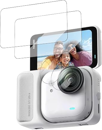 Lens Screen Protector for Insta360 Go Ultra 2 Sets, High Definition Tempered Glass Hardness Screen Protector for Insta 360 GO Ultra Accessories with Auxiliary Suction Cup, Hydrophobic,Oleophobic Coating,Anti-Scratch,Easy Installation