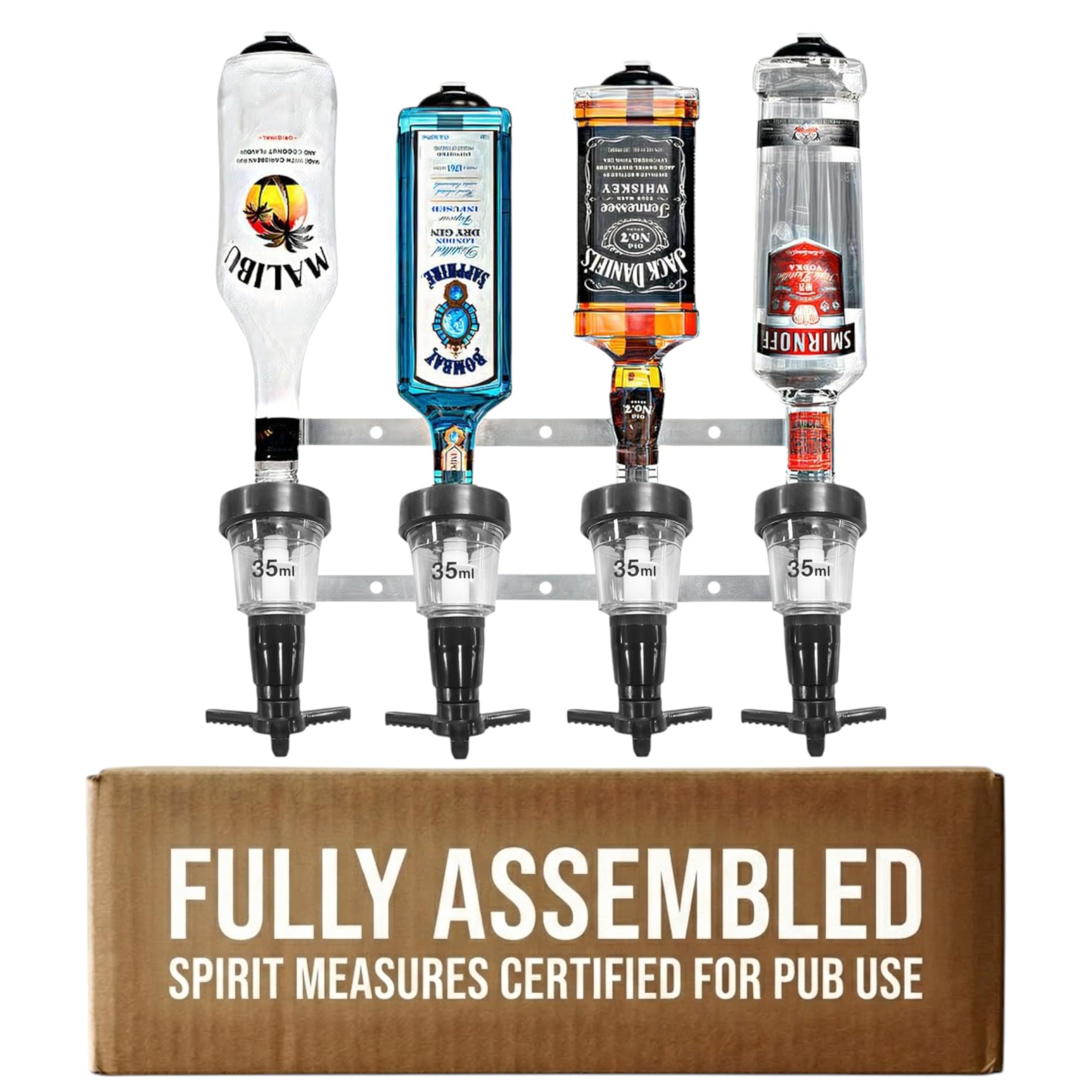 Chabrias Ltd 4 Bottle Wall Bar Rail + 35Ml Spirit Optics – Uk-Made Government-Stamped Measures, All-Metal Fully Assembled Bracket, Fits 70Cl–1.5L Bottles