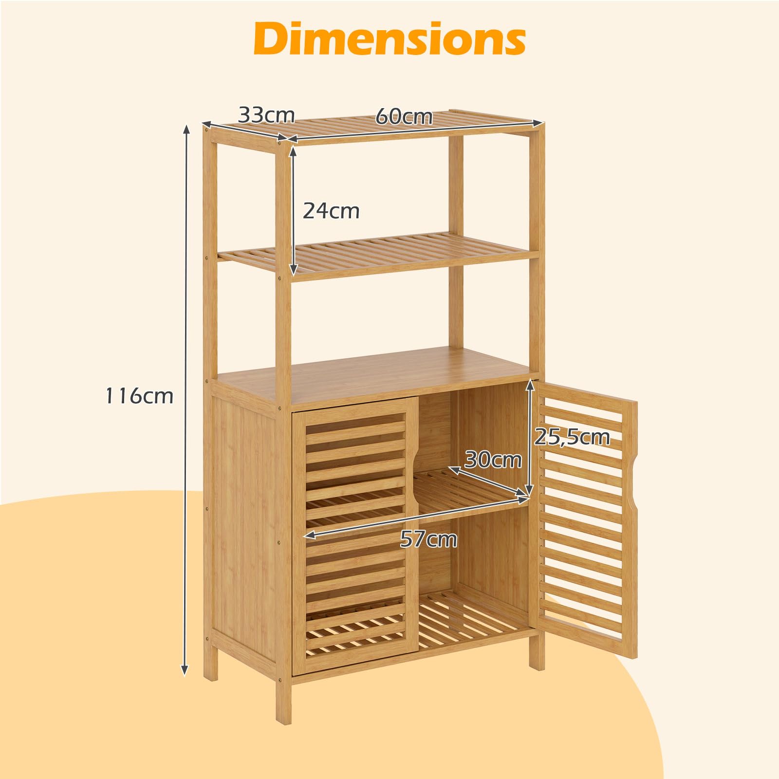 GIANTEX Armadietto Bagno Armadietto Bagno con 2 ripiani aperti e ante 60 x 33 x 116 cm Libreria in Bambù Scaffale portaoggetti per Soggiorno, Studio & Cucina