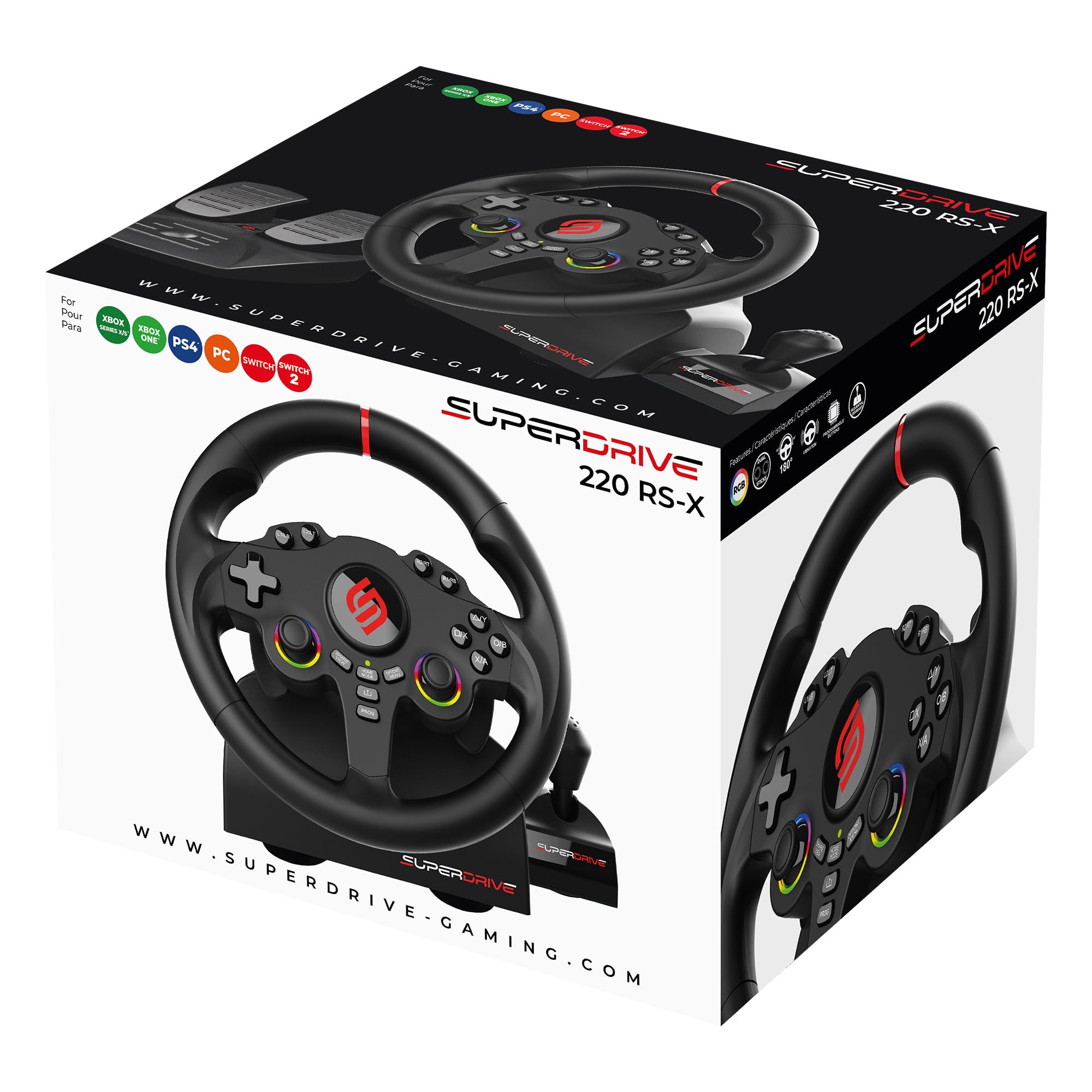 SUBSONIC - Volante Superdrive 220 RS-X - Volante da corsa LED con doppio joystick, cambio marcia, rotazione di 180°, pedali e leve del cambio. Per Switch 2/Switch, PS4, PC e Xbox - Nero