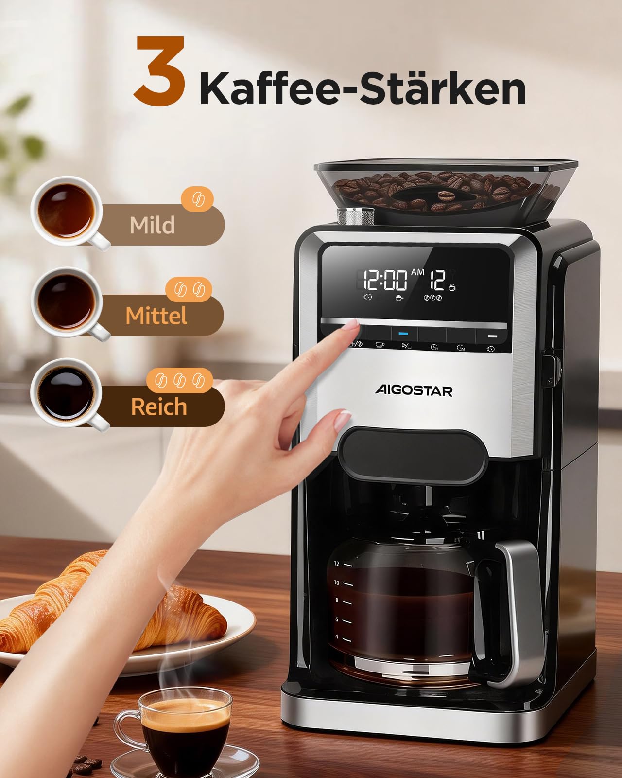 Aigostar Kaffeemaschine mit Mahlwerk, 7 Mahlgrade, 3 Aroma-Stufen, Schwarz