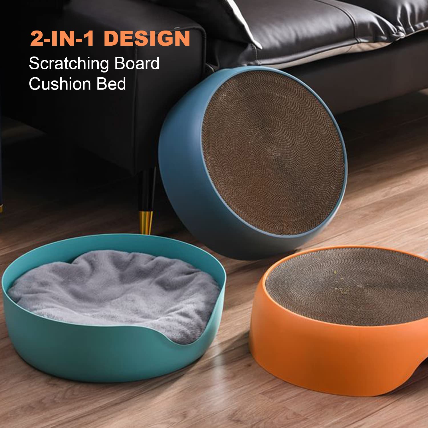 Absob 2-in-1 Cat Scratcher Cardboard, Cat Scratching Pad, Round Cat Scratch Couch Bed with Fluff Cushion, Kitty Cat Scratching Pad Water-Resistant Bottom,Durable Fabric,Replaceable,Reversible