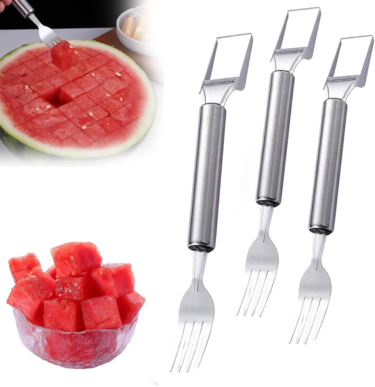 Watermelon Fork Slicer Cutter, 2025 New 2-in-1 Stainless Steel Fruit Cutter, Dual Head Fruit Forks Knife, Summer Fruits Watermelon Slicer Tool Home Kitchen Gadgets (3 Pcs)