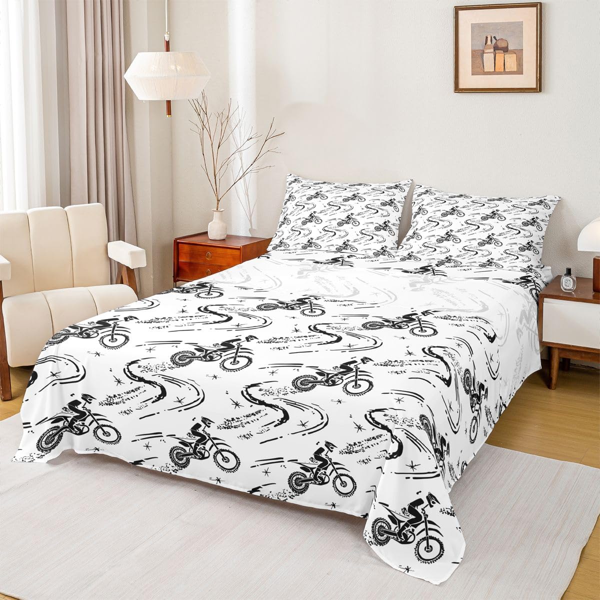 Loussiesd Zestaw pościeli do roweru Dirt Bike, podwójny rozmiar, sporty ekstremalne, chłopcy, głęboka kieszeń, prześcieradło z gumką, zestawy pościeli, zestaw miękkich łóżek, 4 szt. z 2 poszewkami na