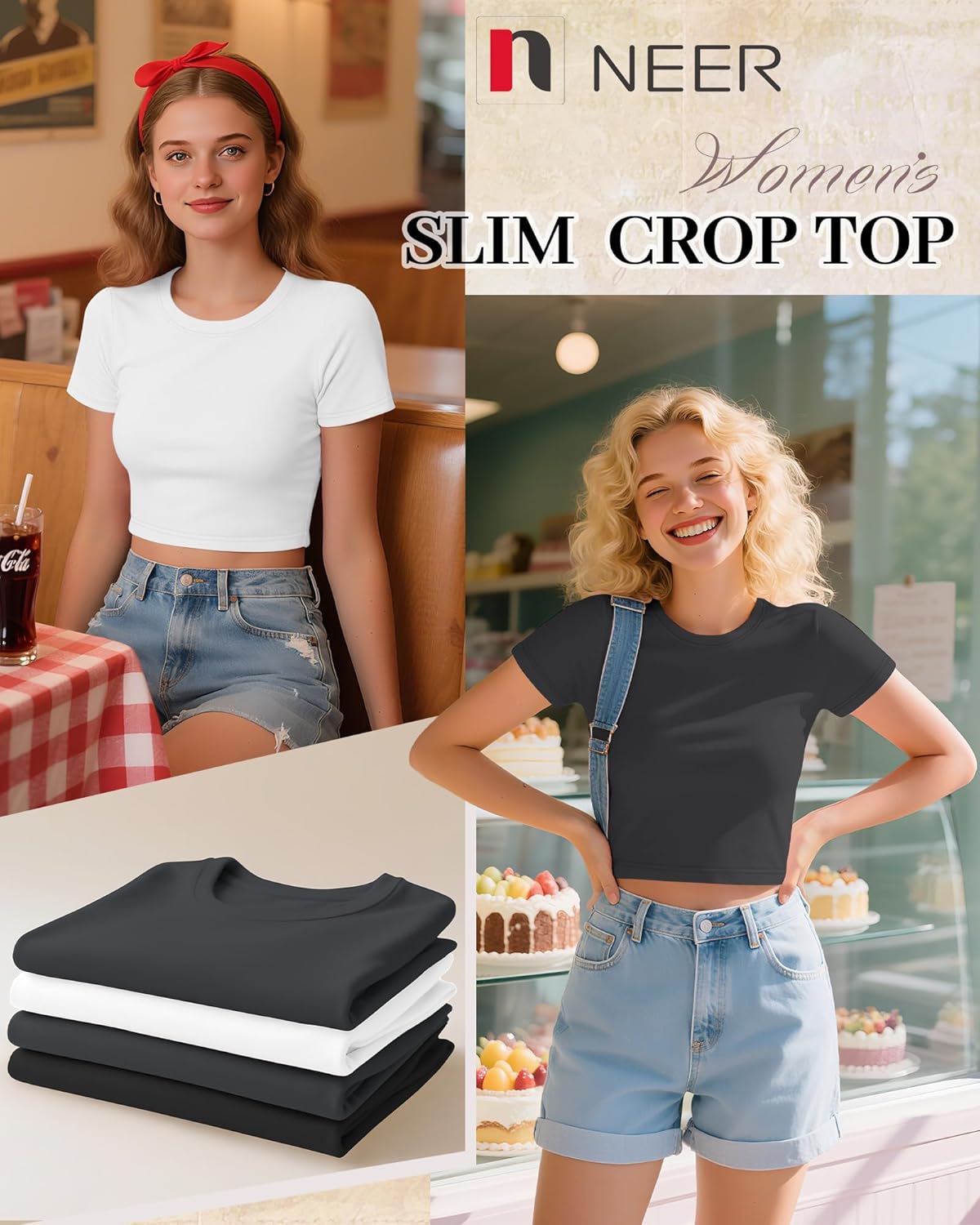 Neer 3 Pack Women's Crop Tops, Crew Neck Short Sleeve Cropped Shirts Slim Fitted Summer Casual Workout Basic Tight Tees - Image 2