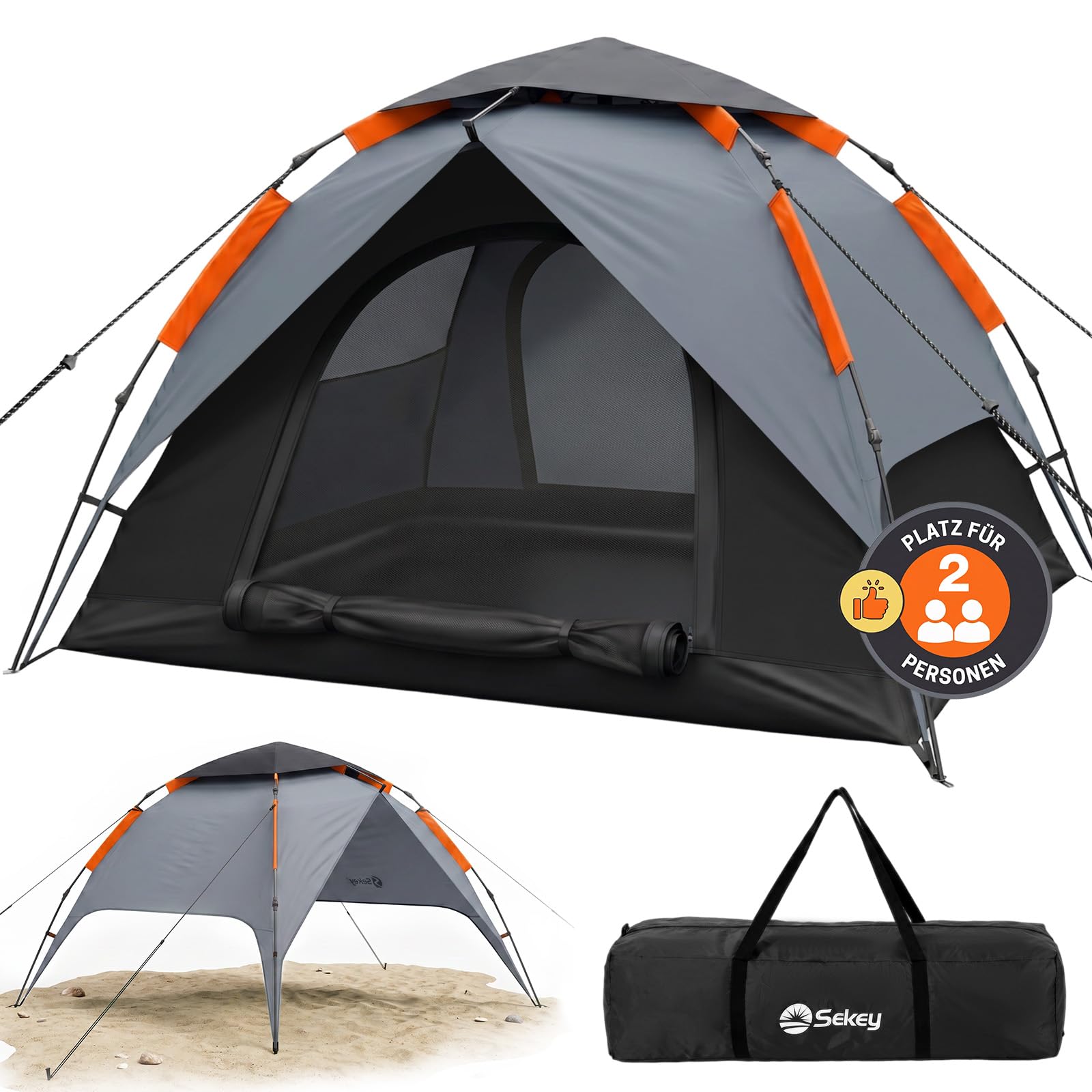 Sekey Tienda de campaña Pop Up para 2 personas, 2 en 1, tienda de campaña con interior o tienda de playa, sin tienda interior, montaje rápido, tienda automática impermeable PU3000 UPF50+,