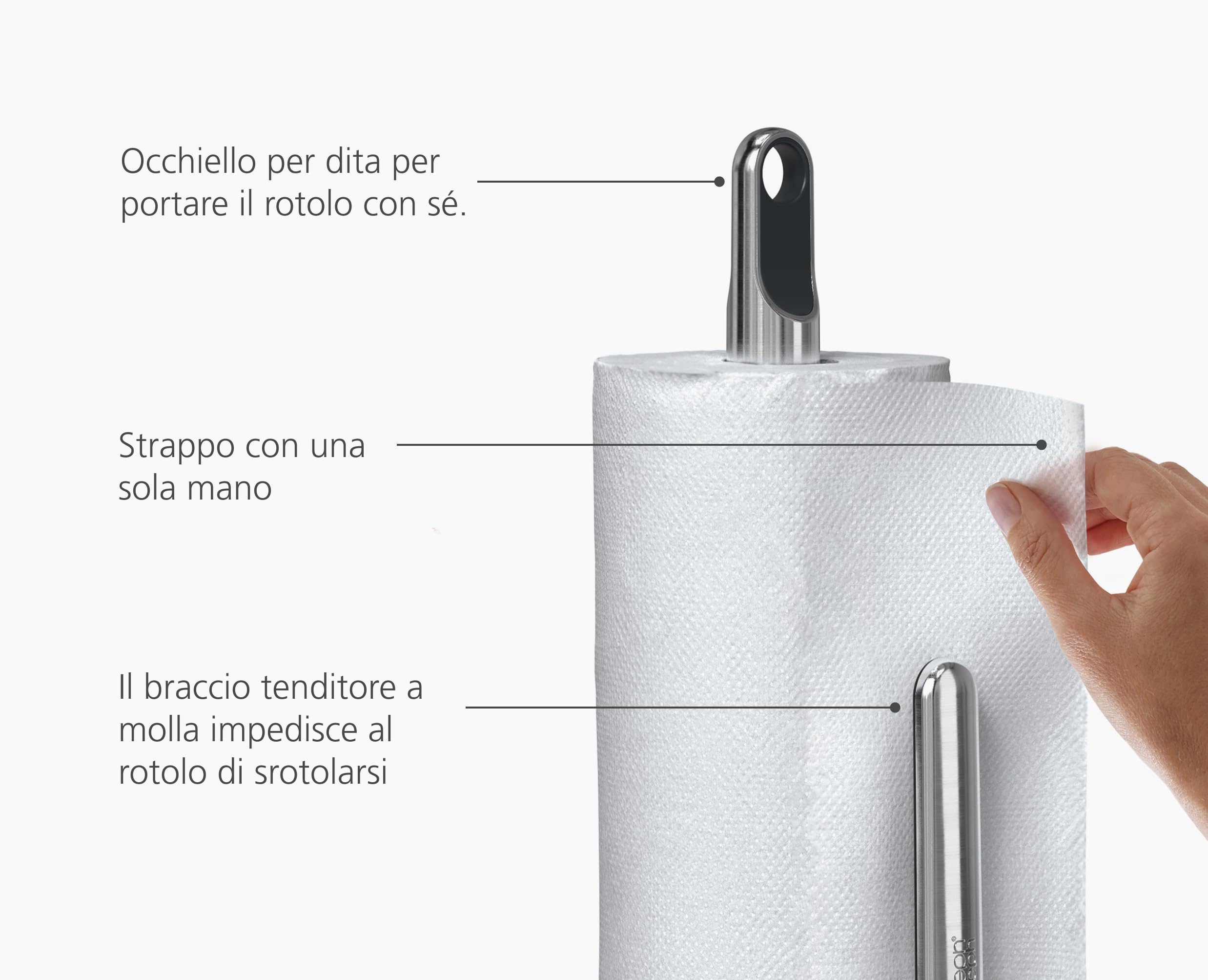Joseph Joseph Hold Portarotolo da Cucina, Braccio a Molla, Facile da Strappare, Base Pesante, Antiscivolo, Compatibile con Rotoli da 140 mm