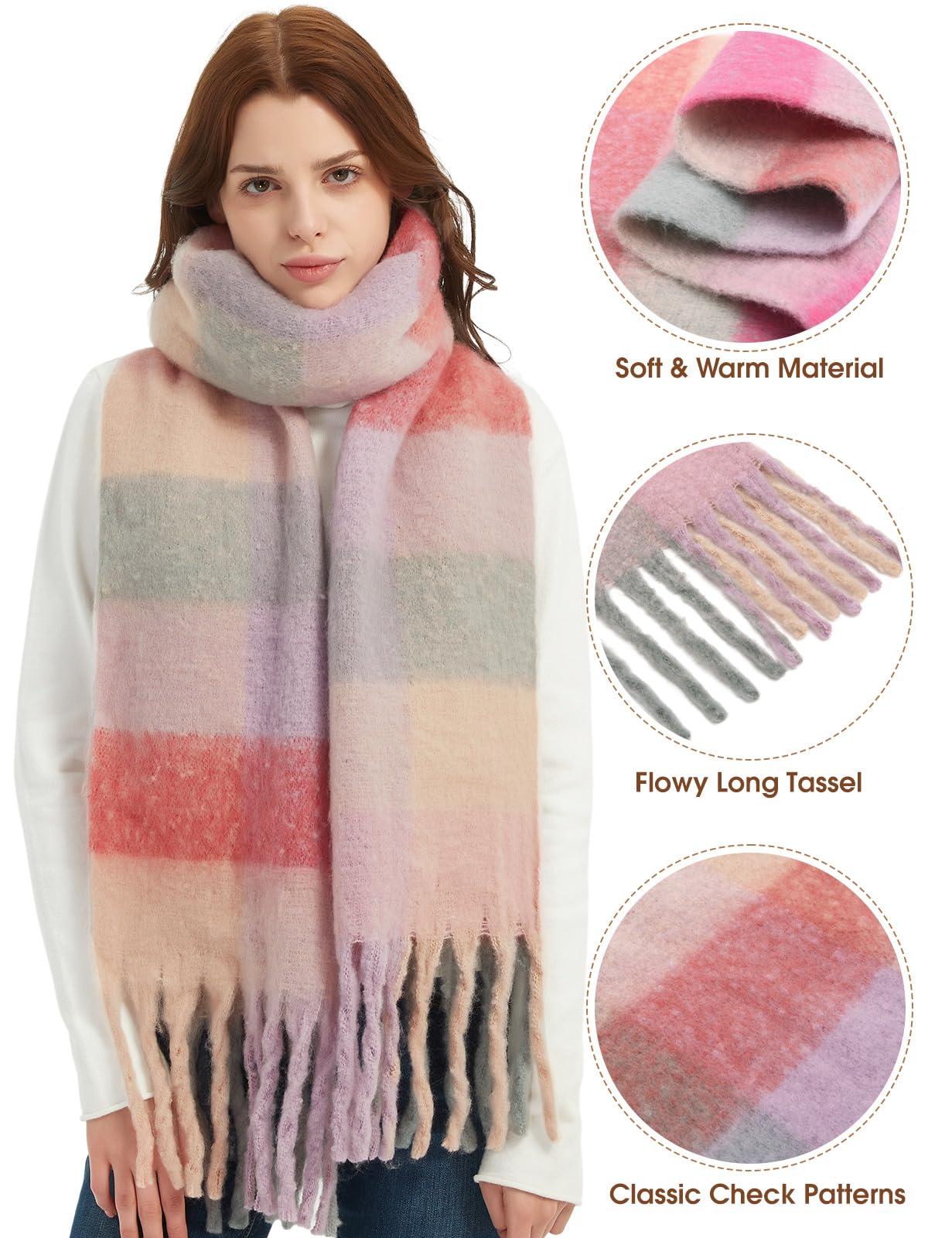 CMTOP Sciarpa Donna Sciarpe Invernali Calde a Quadri Colorati Scialli Grandi e Morbidi Sciarpe Da Donna Inverno Con Nappa