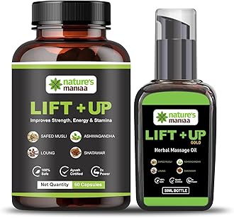 Nature's Mania Lift Up Combo for Men | 60 Capsules (Ayurvedic Male Health Supplement) & 50ml Massage Oil (With Ashwagandha, Safed Musli, Shatavari, Laung Extract) | Ayush Certified & Lab Tested