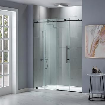 Woodbridge Frameless Shower Door 56-60" Width x 76" Height with 3/8"10mm Clear Tempered Glass in Matte Black Finish, Designed for Smooth Door Closing