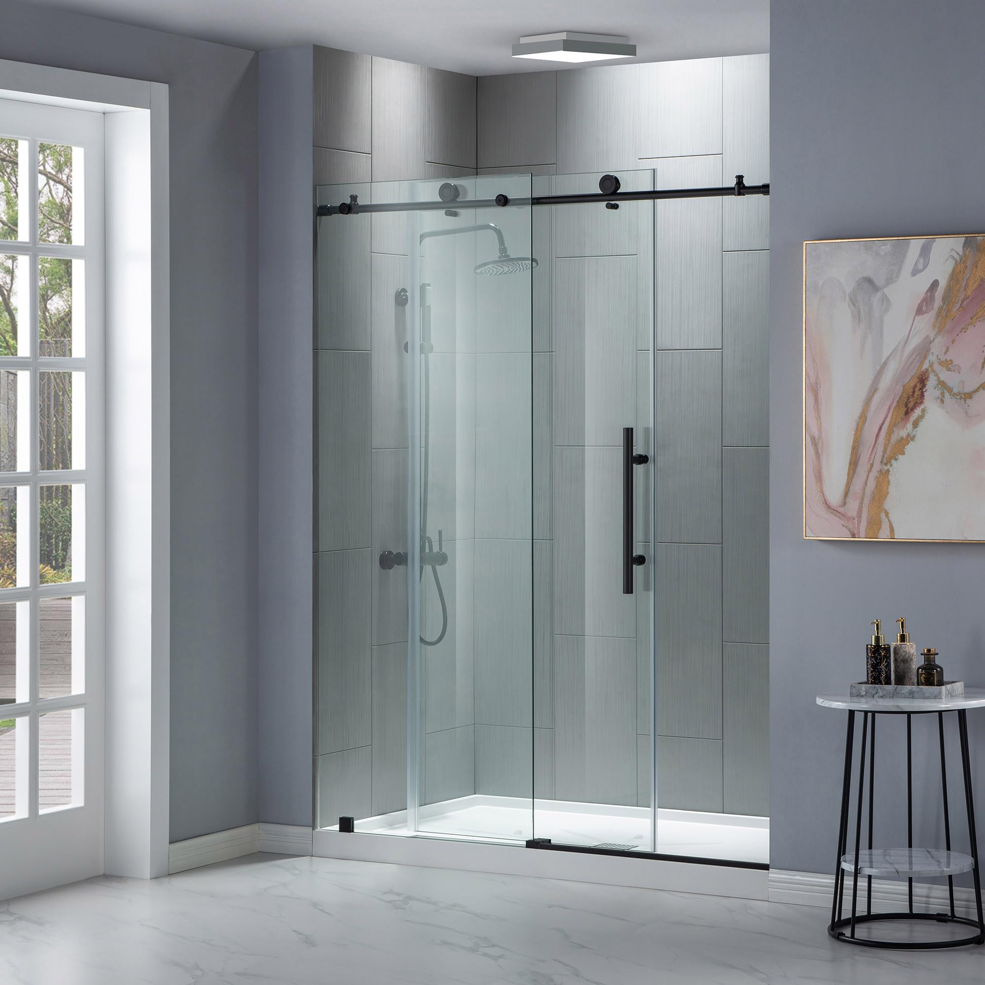 Photo 1 of Woodbridge Frameless Sliding Shower Door, 56"-60" Width, 76" Height, 3/8" (10 mm) Clear Tempered Glass, Finish, Designed for Smooth Door Closing. Brushed Gold.