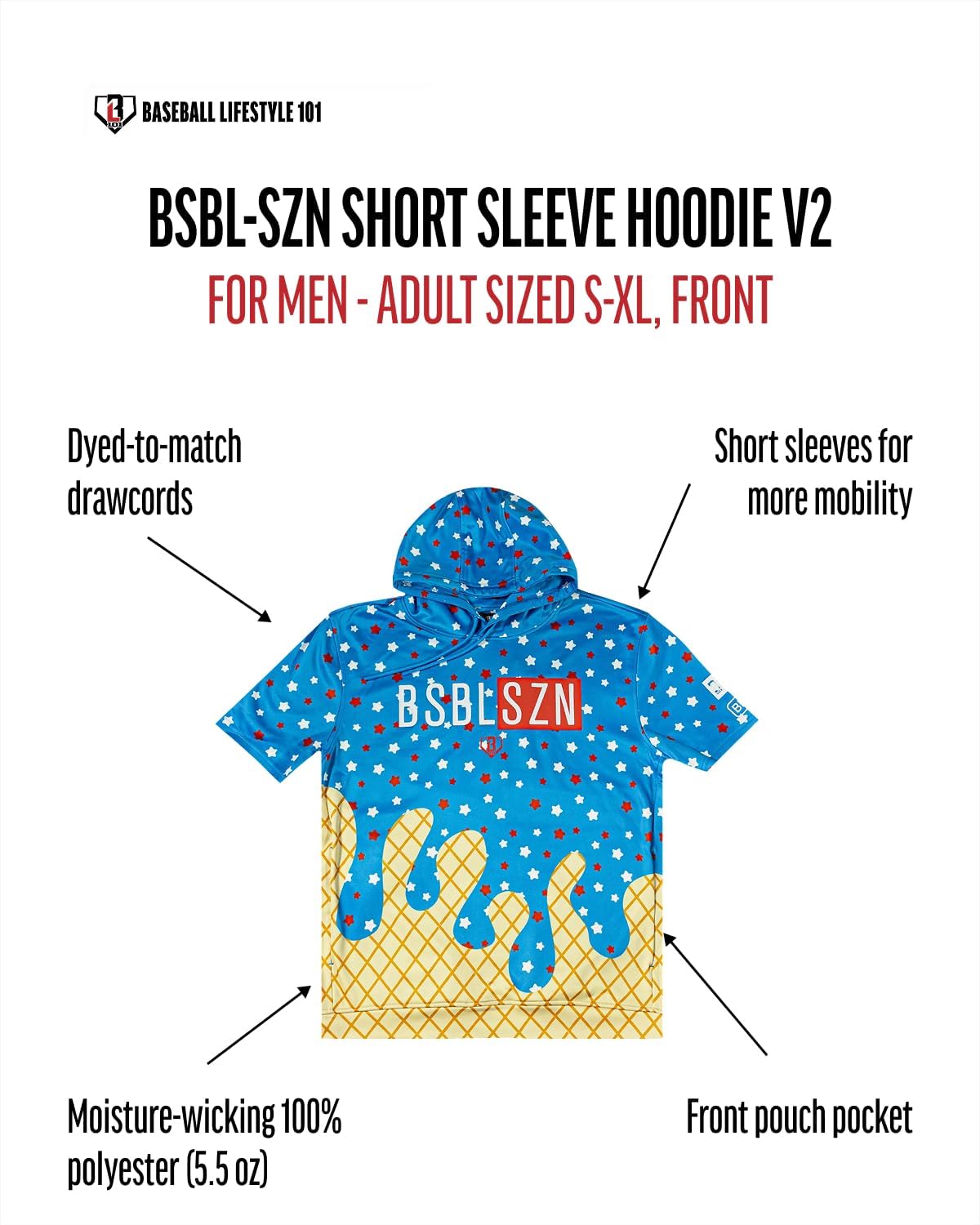 Baseball Lifestyle 101 BSBL SZN Men's Short Sleeve Hoodie with Front pouch pocket V2 Ice Cream Moisture Adult Sizes S - XL