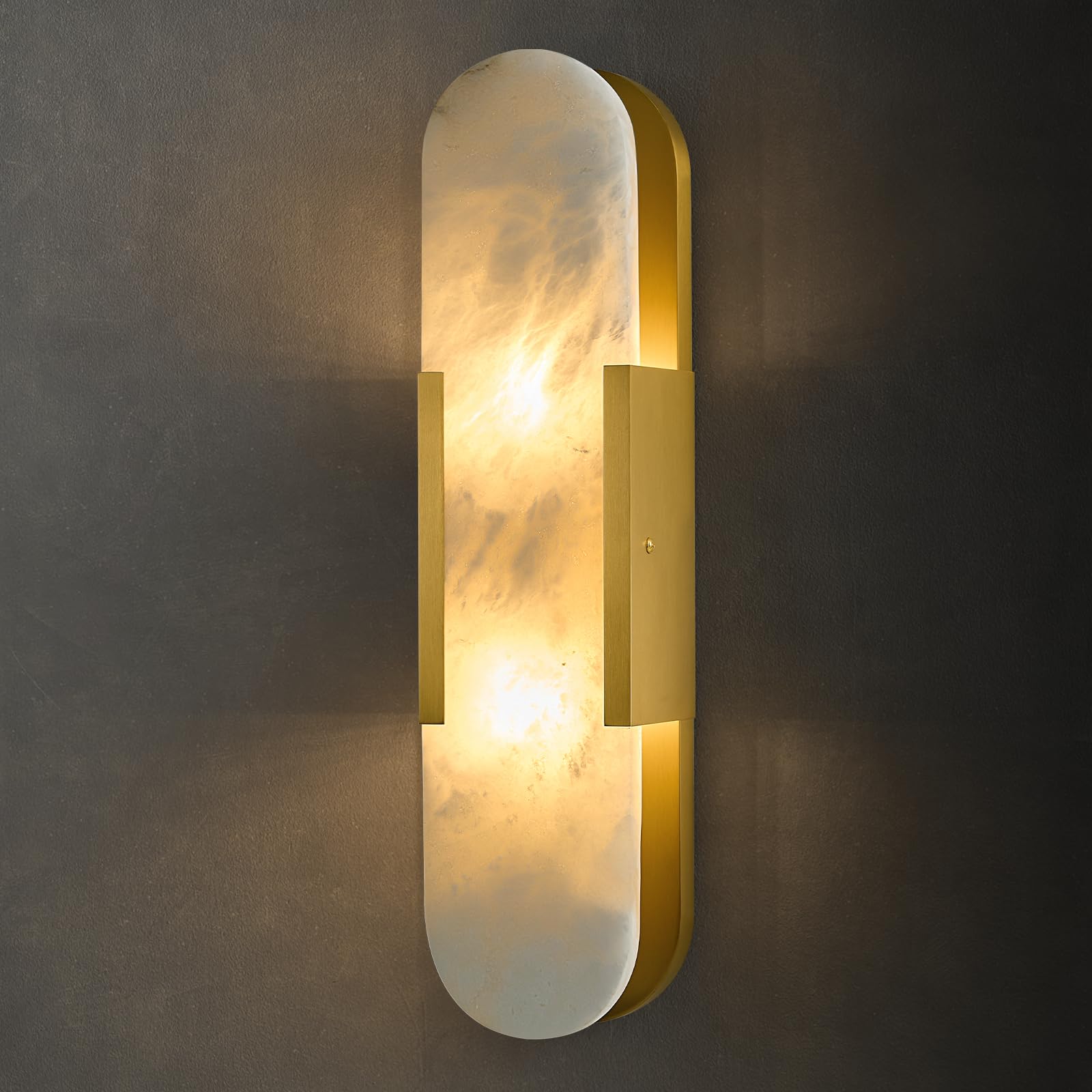 Photo 1 of Alabaster Brass Oval Wall Sconce - Natural Spanish Stone Indoor Lighting Fixture - Luxury Modern Gold Dimmable Sconces with Bulb - Elongated Brushed Vanity Light for Bathroom Bedroom Living Room Decor