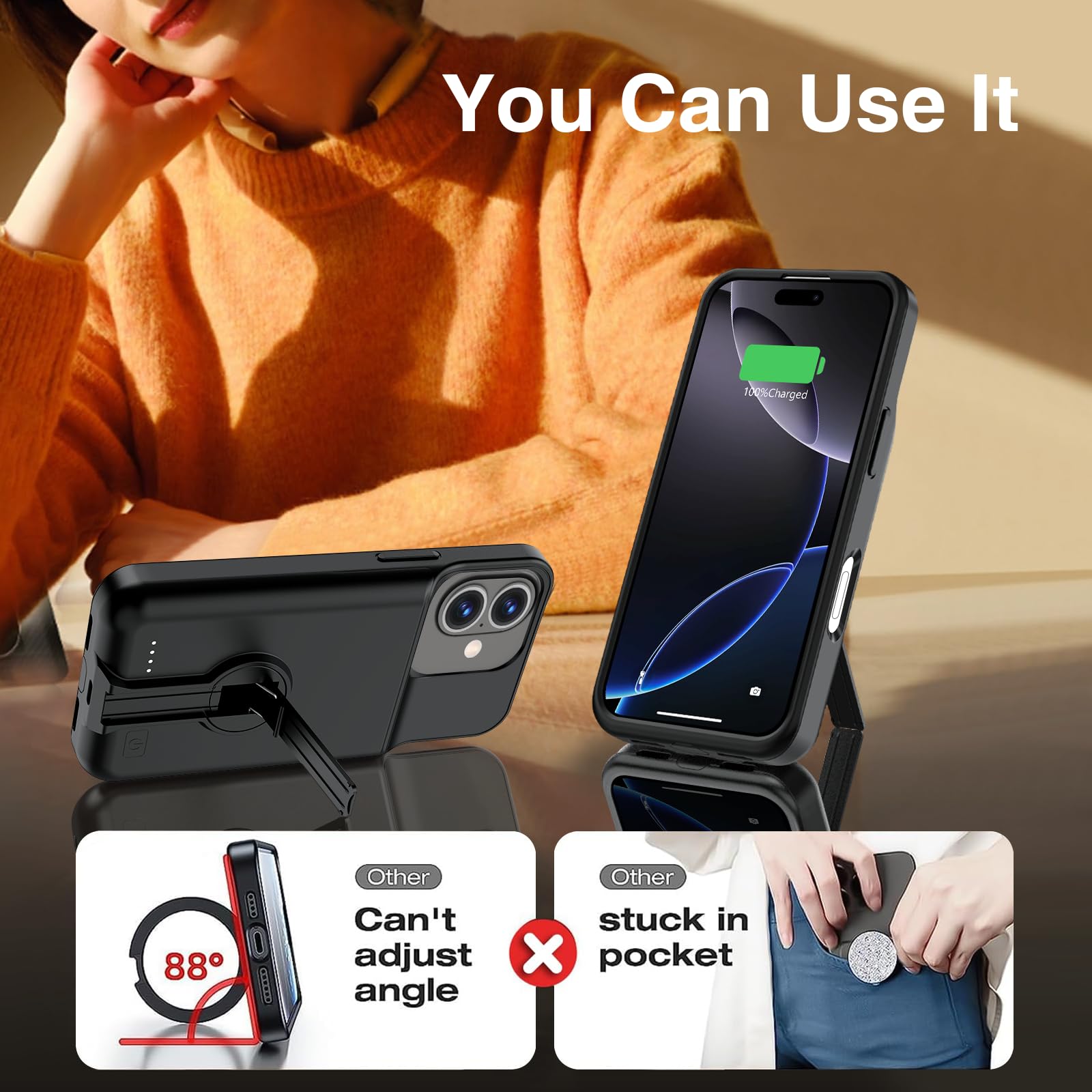 BOPPS Battery Case For IPhone 16 Pro With Invisible Stand,2025 New Slim 8500mAh Portable Rechargeable - View #6